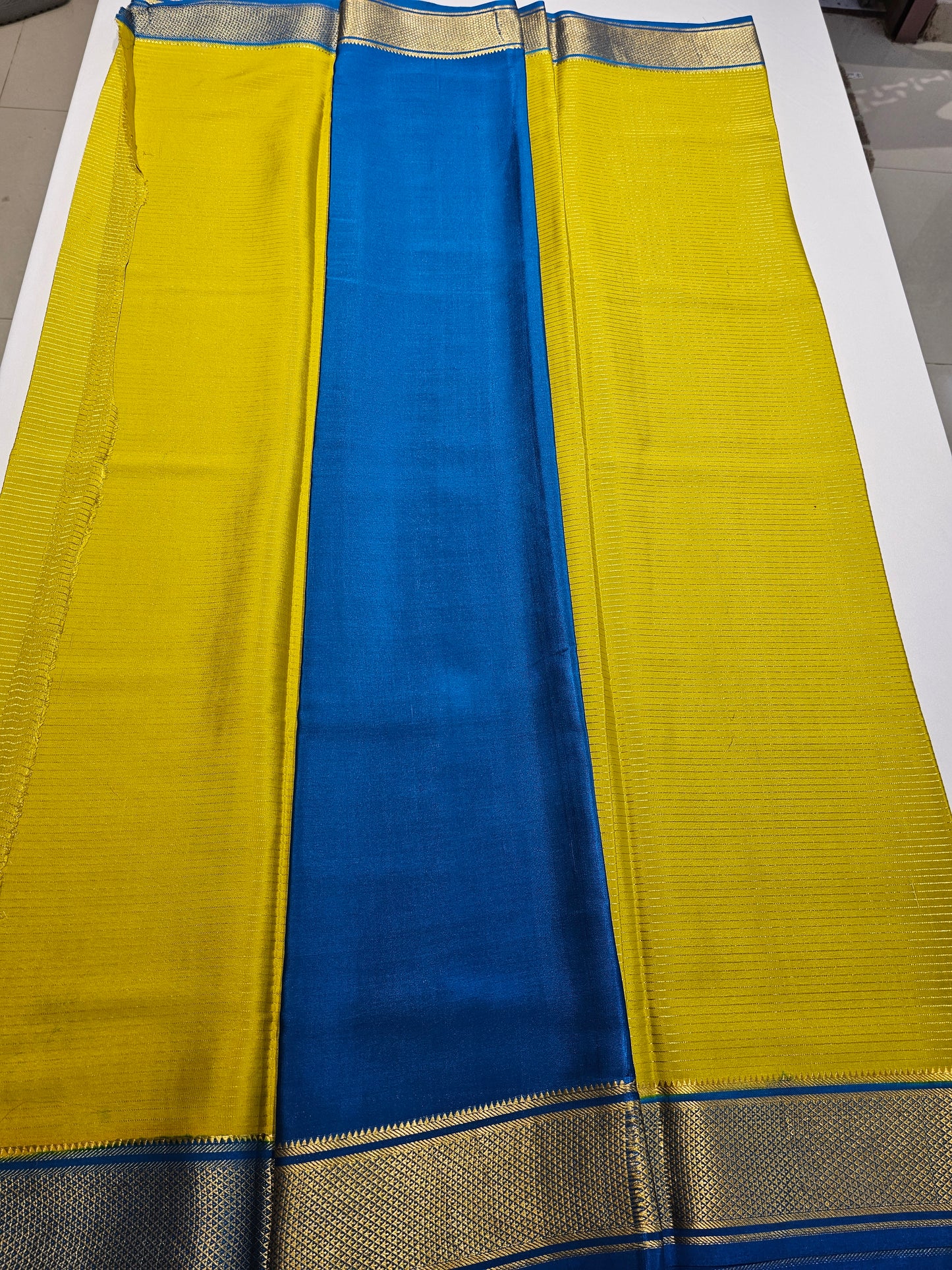 GREENISH YELLOW WITH BLUE - PURE MYSORE CREPE SILK