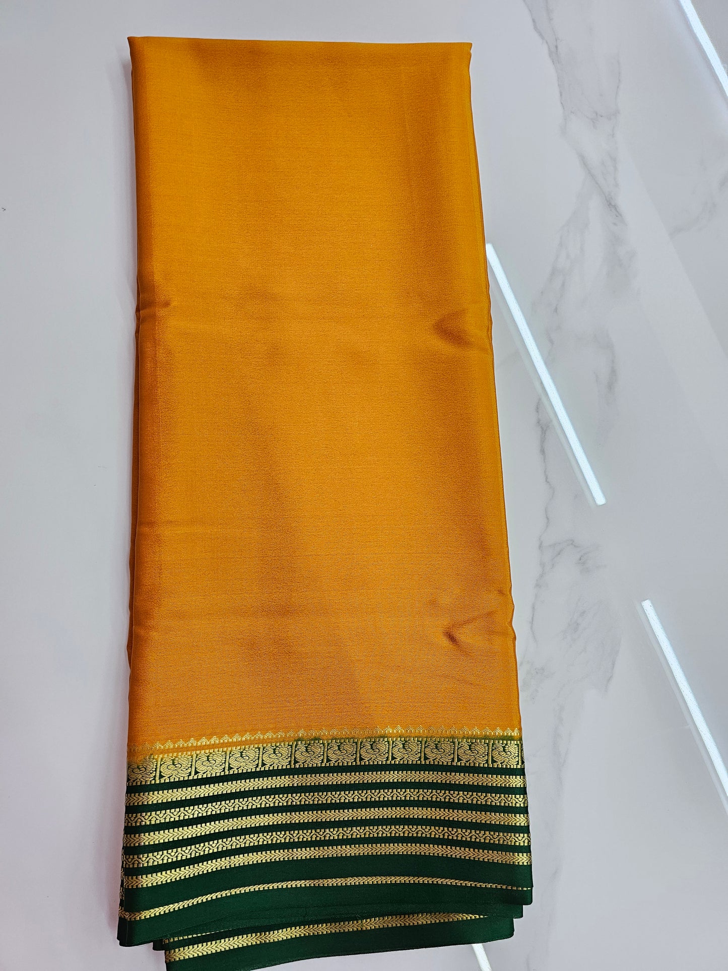 YELLOW WITH GREEN - PURE MYSORE CREPE SILK
