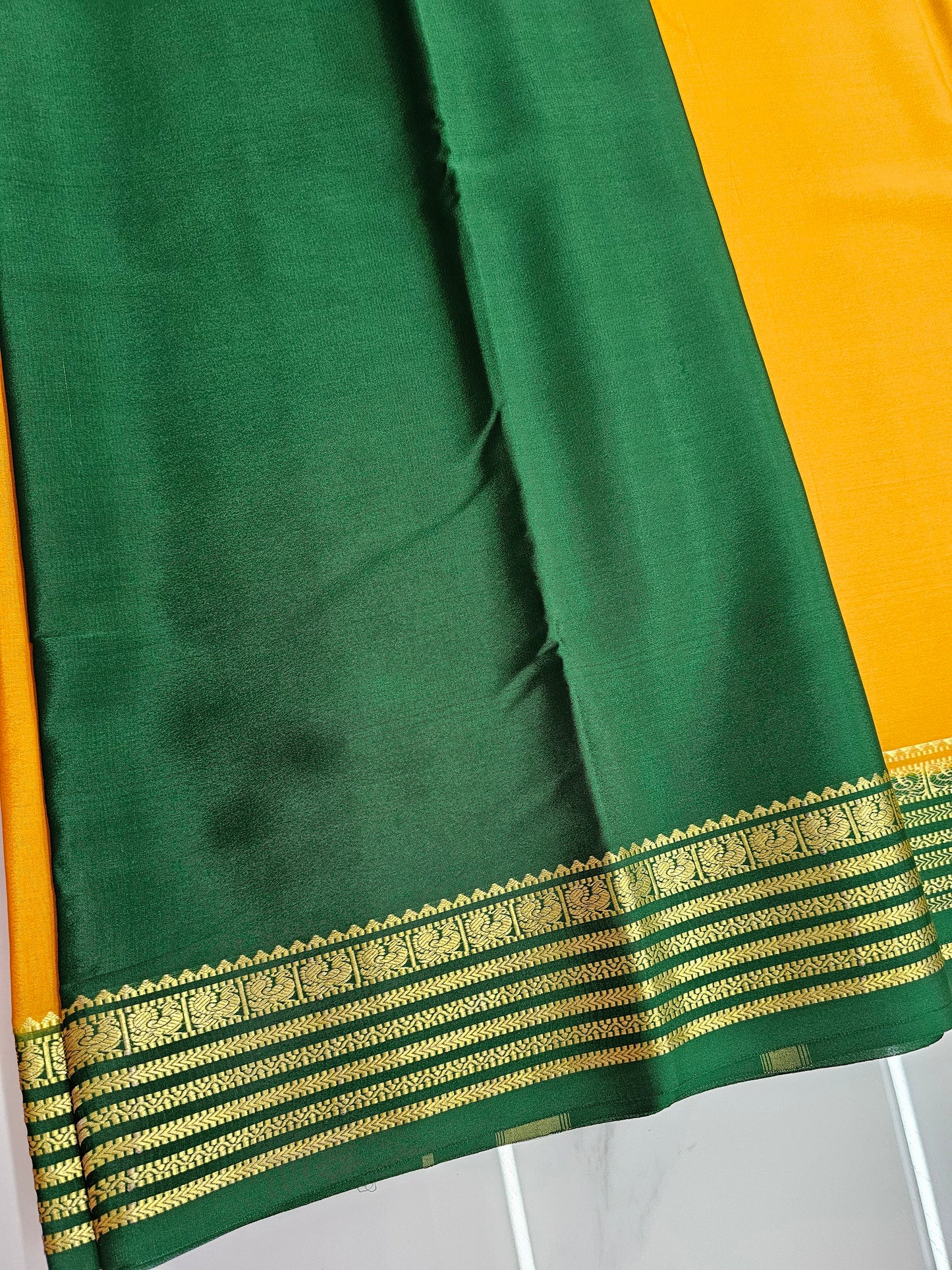 YELLOW WITH GREEN - PURE MYSORE CREPE SILK