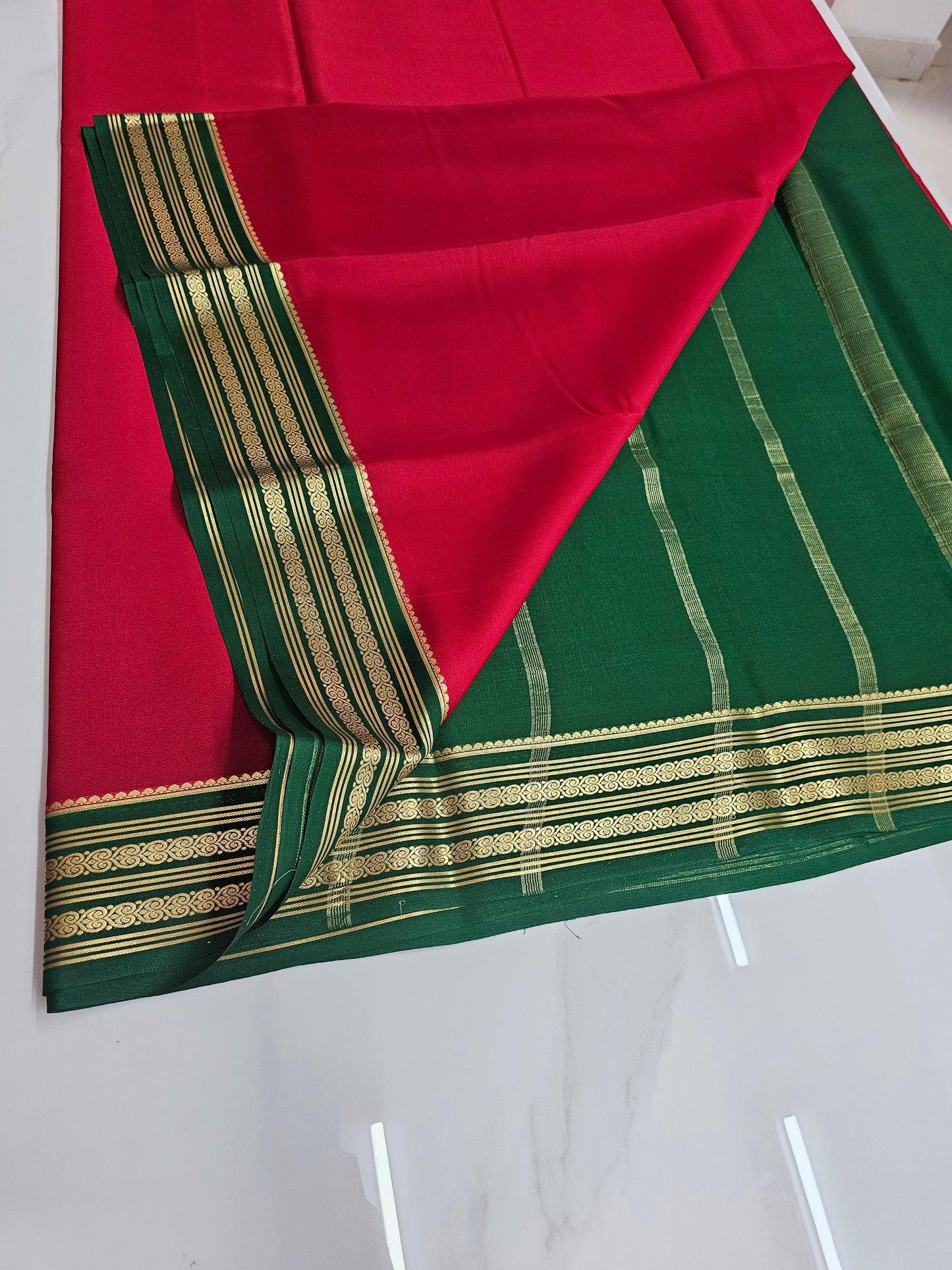 RED WITH GREEN -PURE MYSORE CREPE SILK