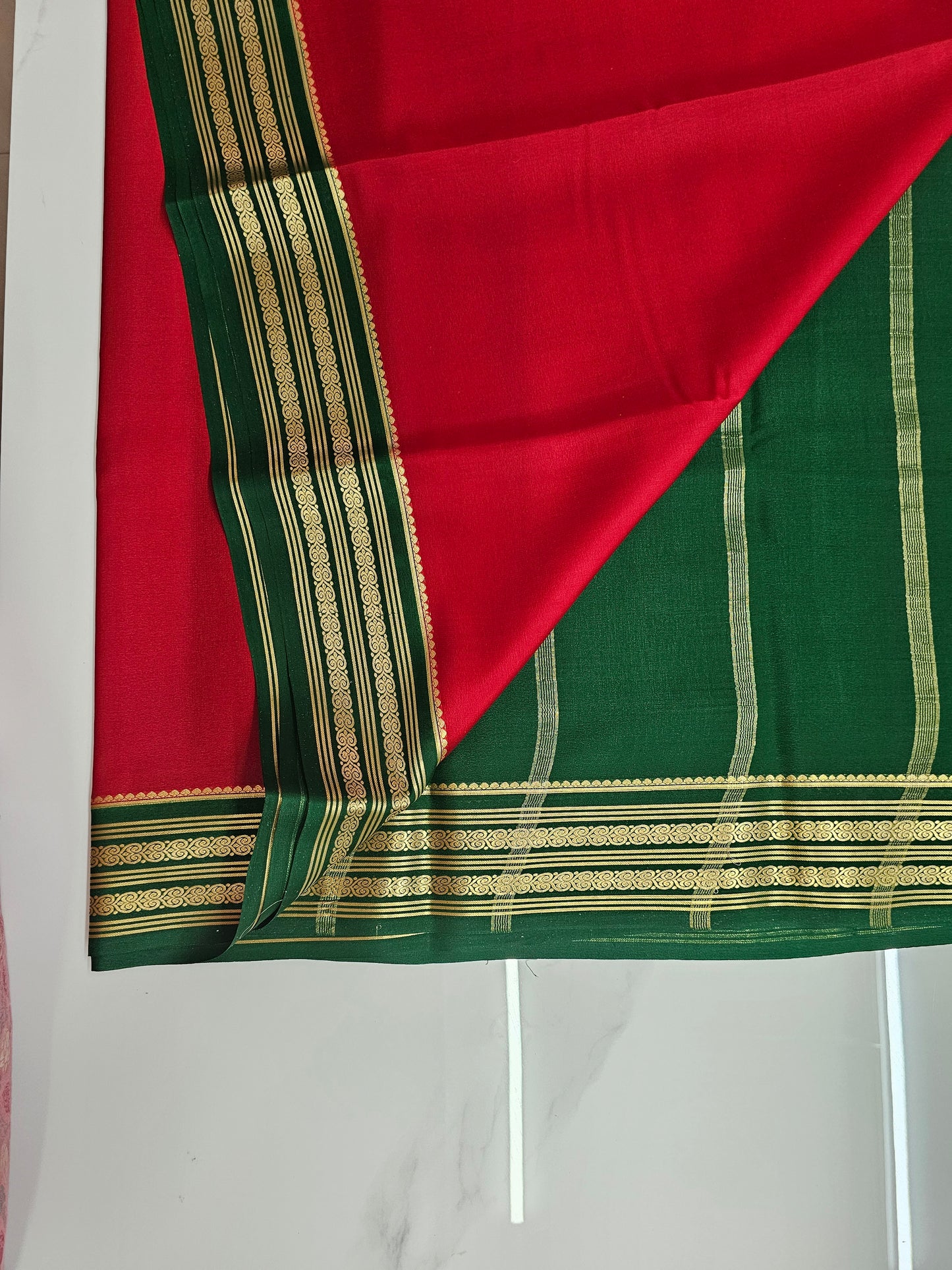 RED WITH GREEN -PURE MYSORE CREPE SILK