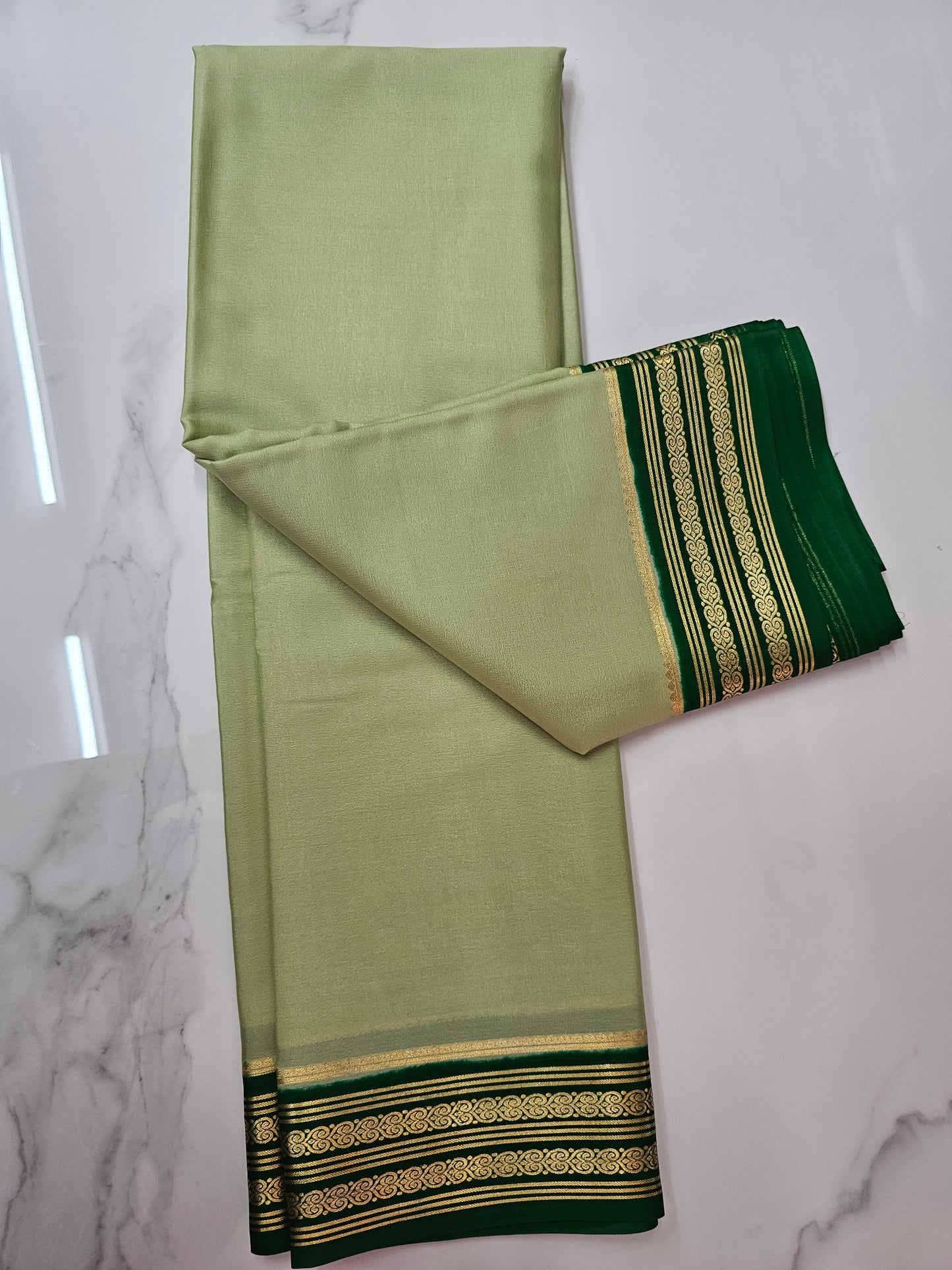 LIGHT GREEN WITH GREEN - PURE MYSORE CREPE SILK