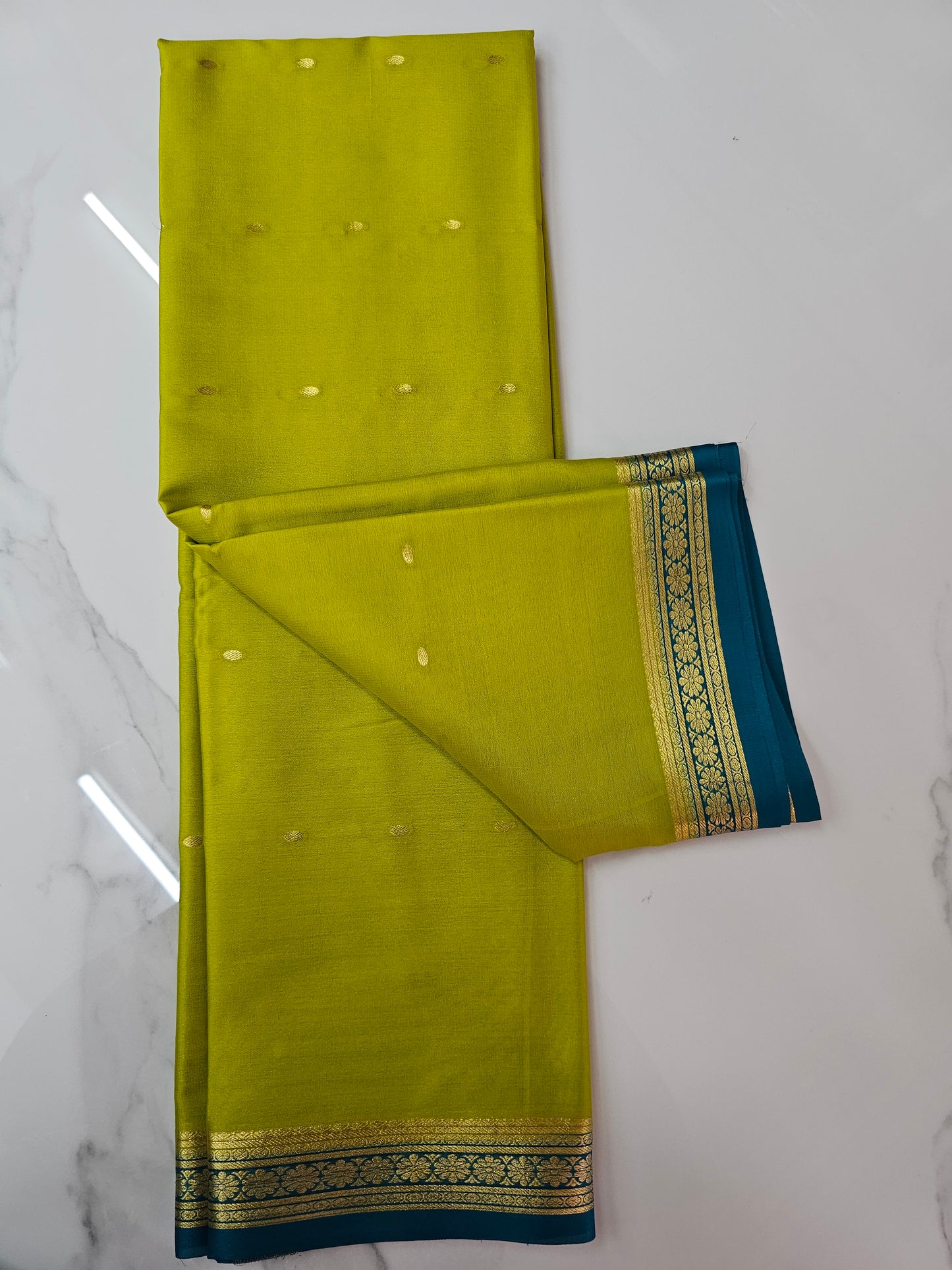 PARROT GREEN WITH PEACOCK BLUE GREEN - PURE MYSORE CREPE SILK