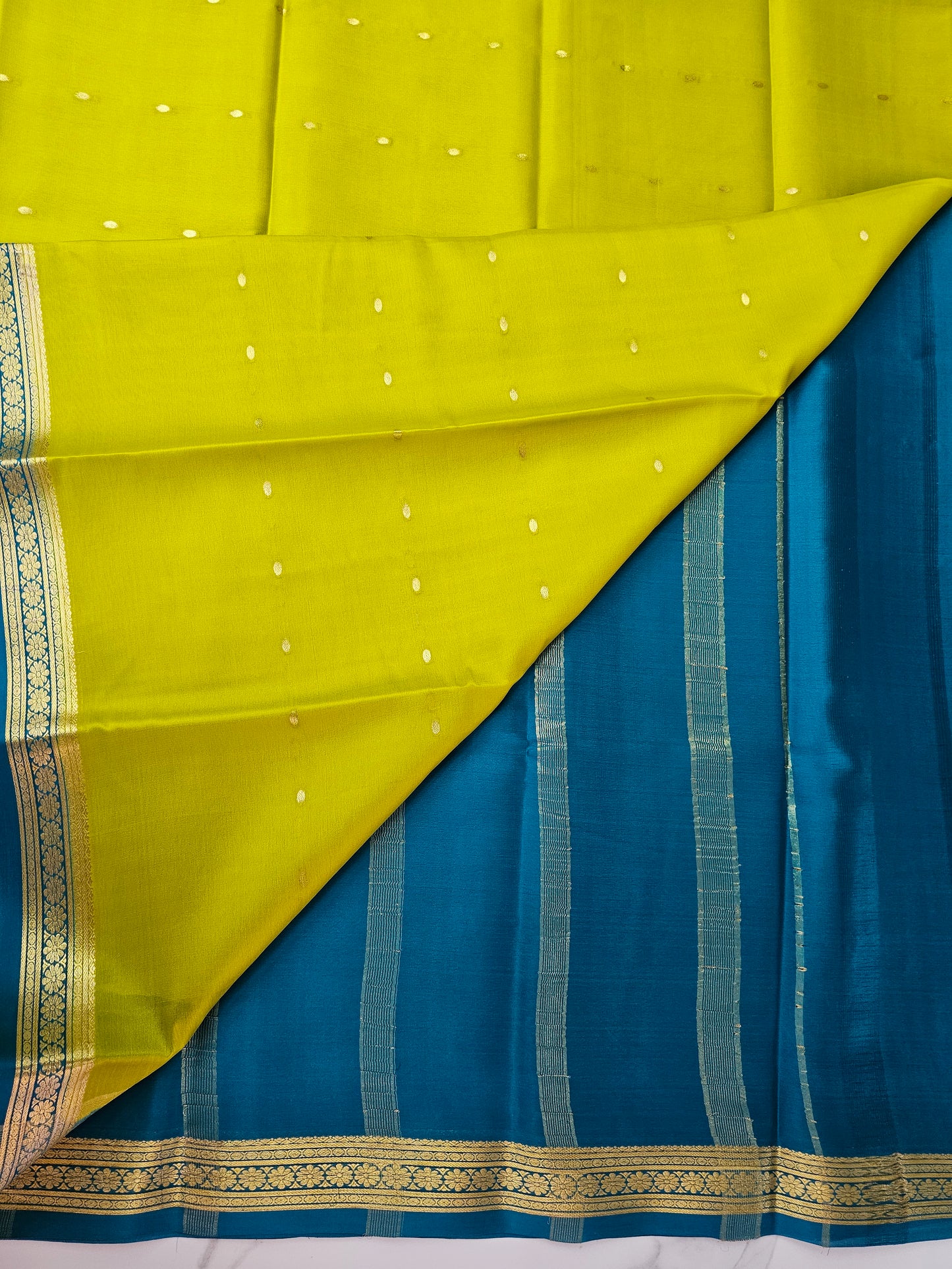 PARROT GREEN WITH PEACOCK BLUE GREEN - PURE MYSORE CREPE SILK
