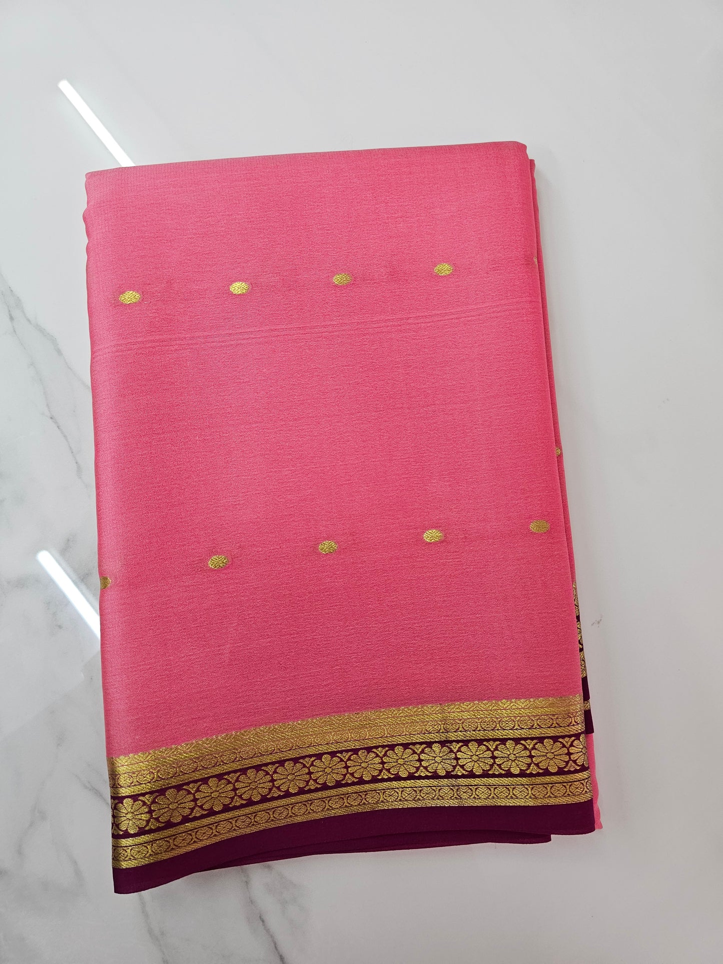 BABY PINK WITH WINE - PURE MYSORE CREPE SILK