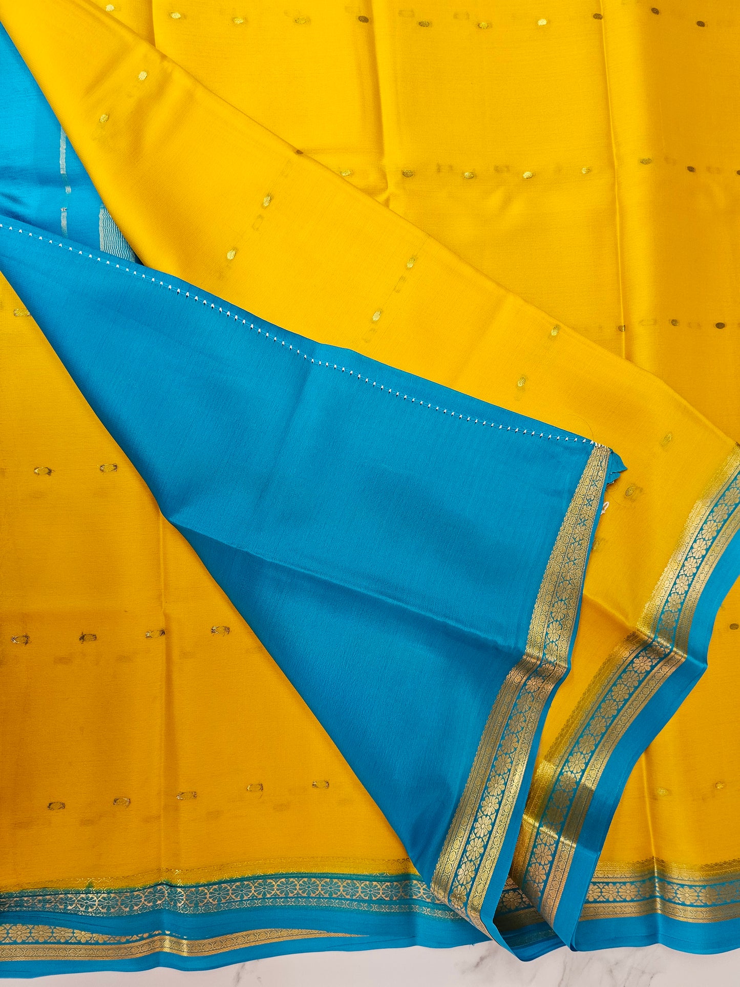 YELLOW WITH BLUE - PURE MYSORE CREPE SILK