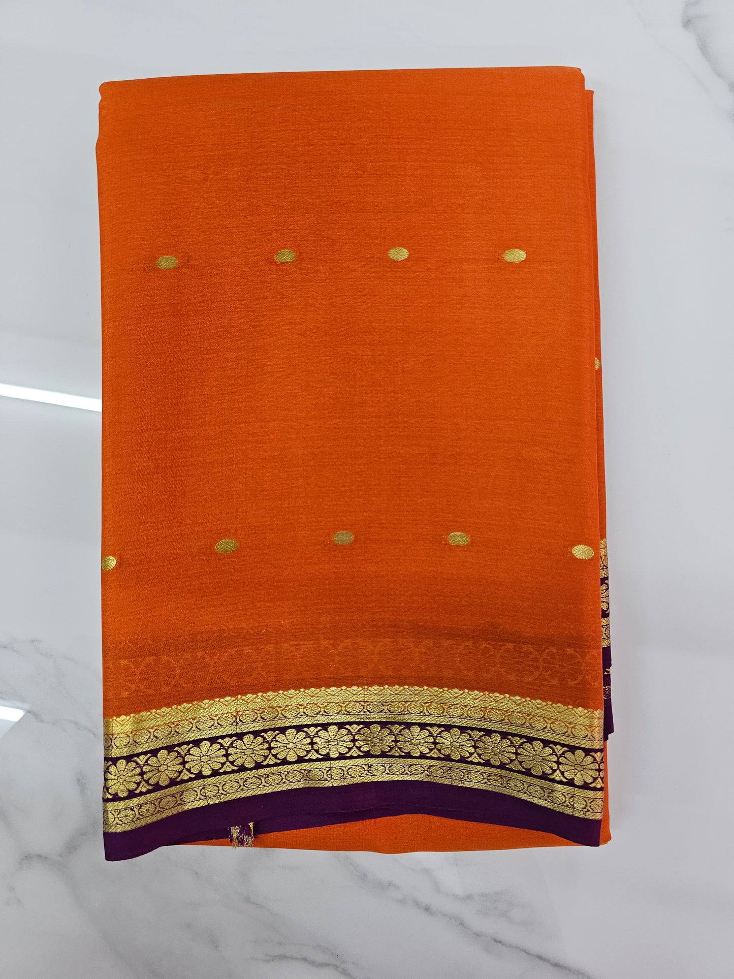 ORANGE WITH PURPLE - PURE MYSORE CREPE SILK