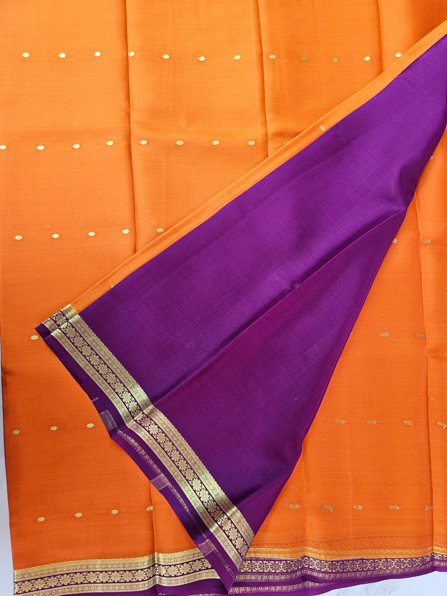 ORANGE WITH PURPLE - PURE MYSORE CREPE SILK