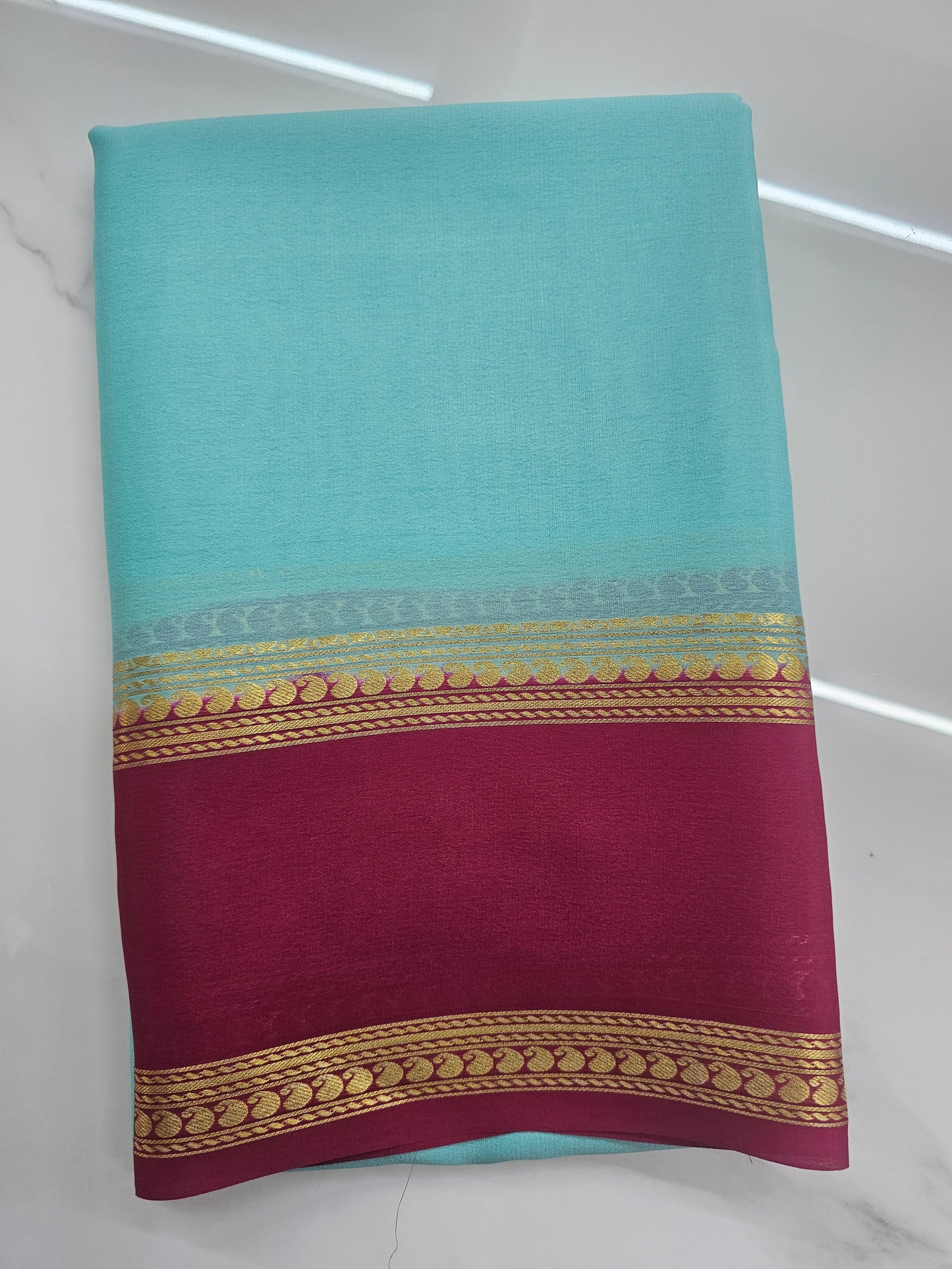 BLUE WITH PINK - PURE MYSORE CREPE SILK