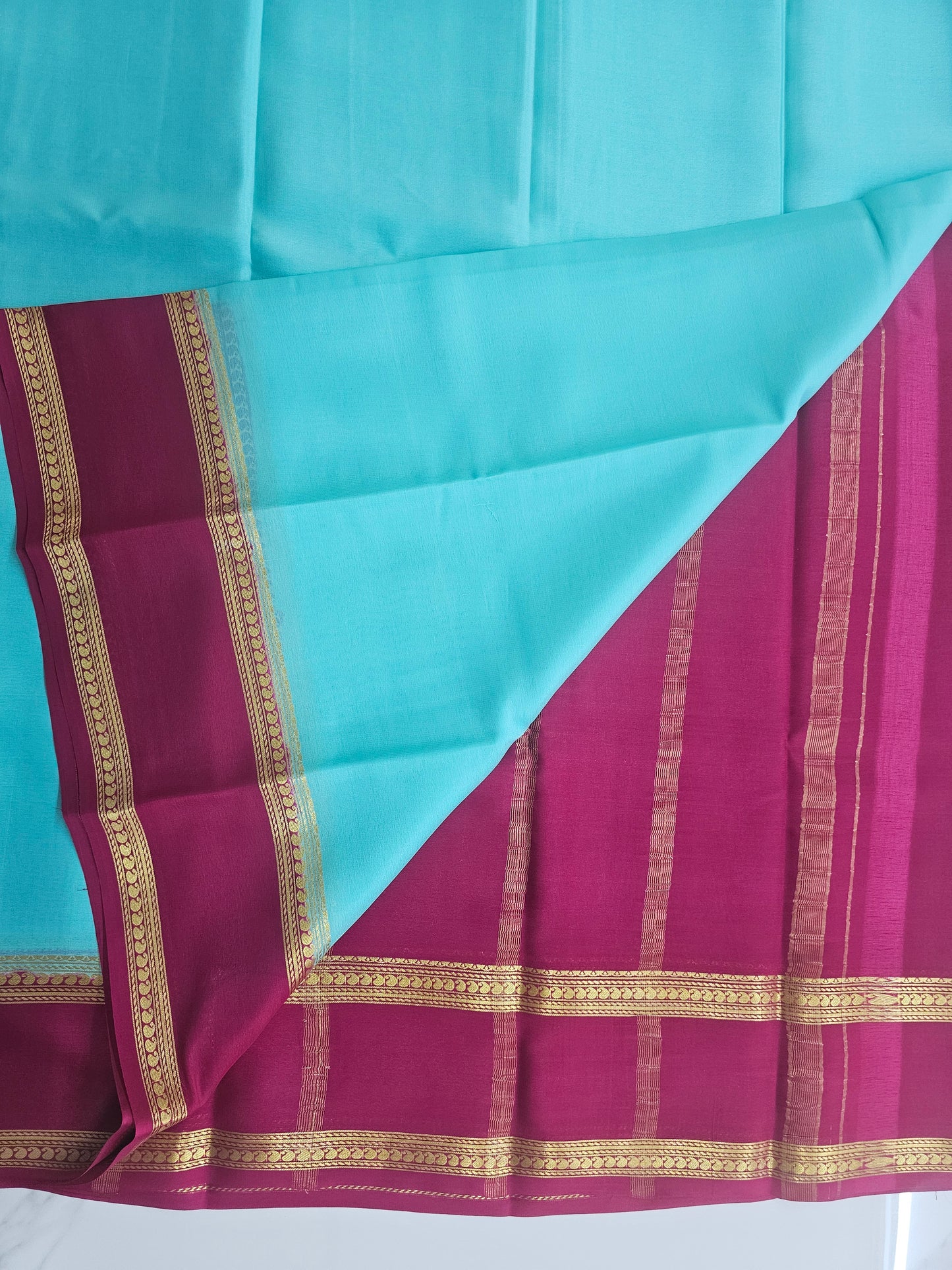 BLUE WITH PINK - PURE MYSORE CREPE SILK