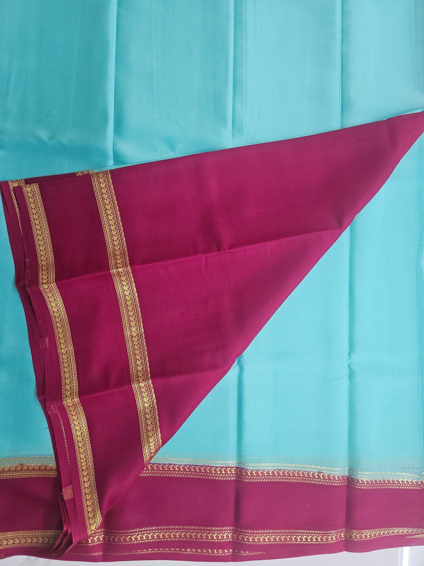 BLUE WITH PINK - PURE MYSORE CREPE SILK