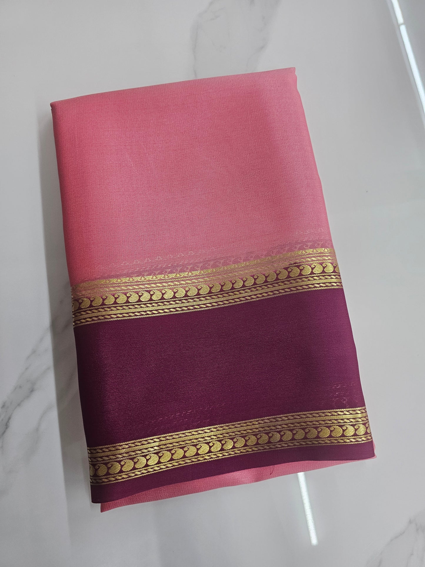 BABY PINK WITH WINE - PURE MYSORE CREPE SILK