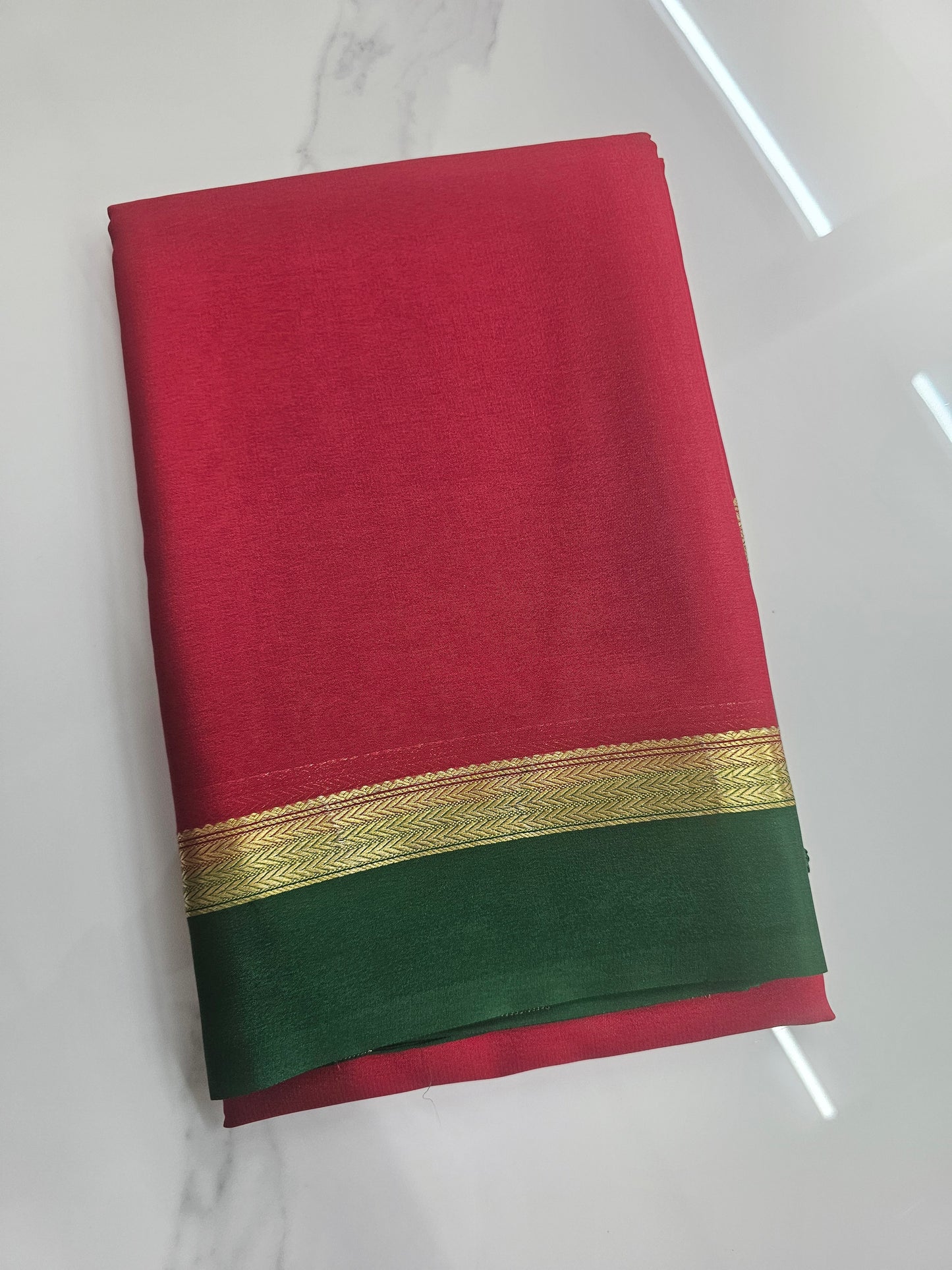 RED WITH GREEN - PURE MYSORE CREPE SILK