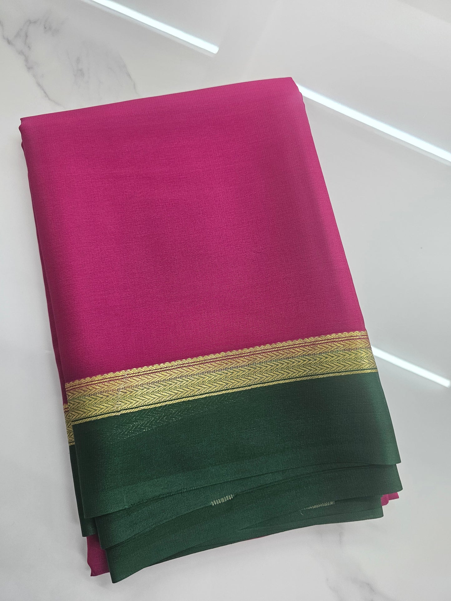 PINK WITH GREEN - PURE MYSORE CREPE SILK