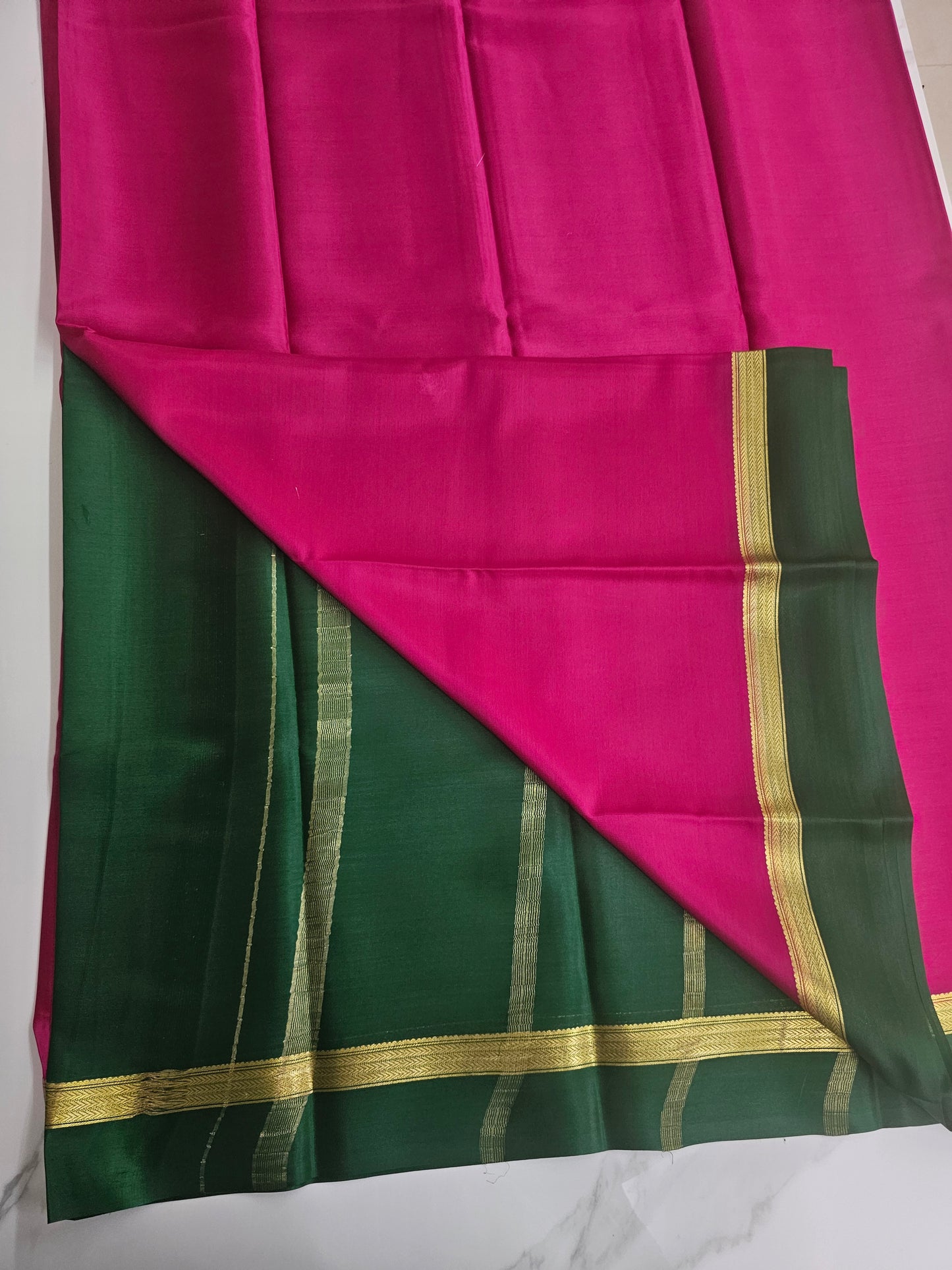 PINK WITH GREEN - PURE MYSORE CREPE SILK