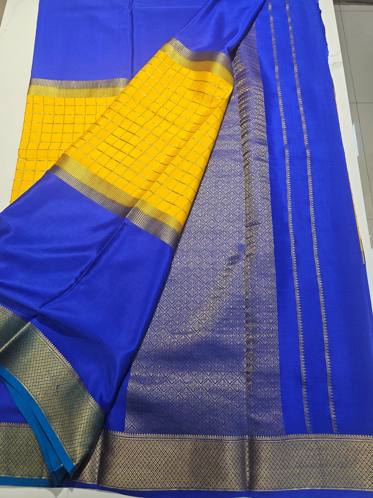 BLUE YELLOW BLUE - PURE MYSORE CREPE SILK