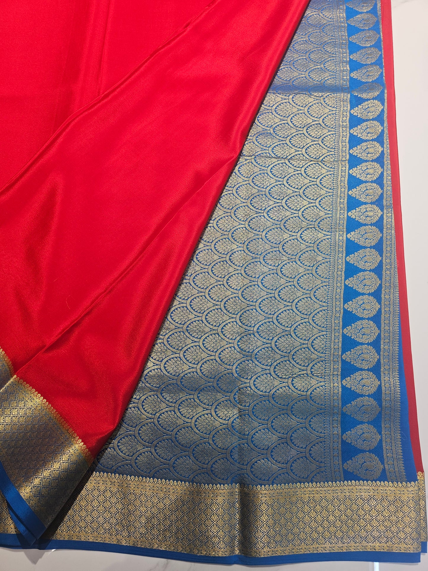 RED WITH BLUE -PURE MYSORE CREPE SILK