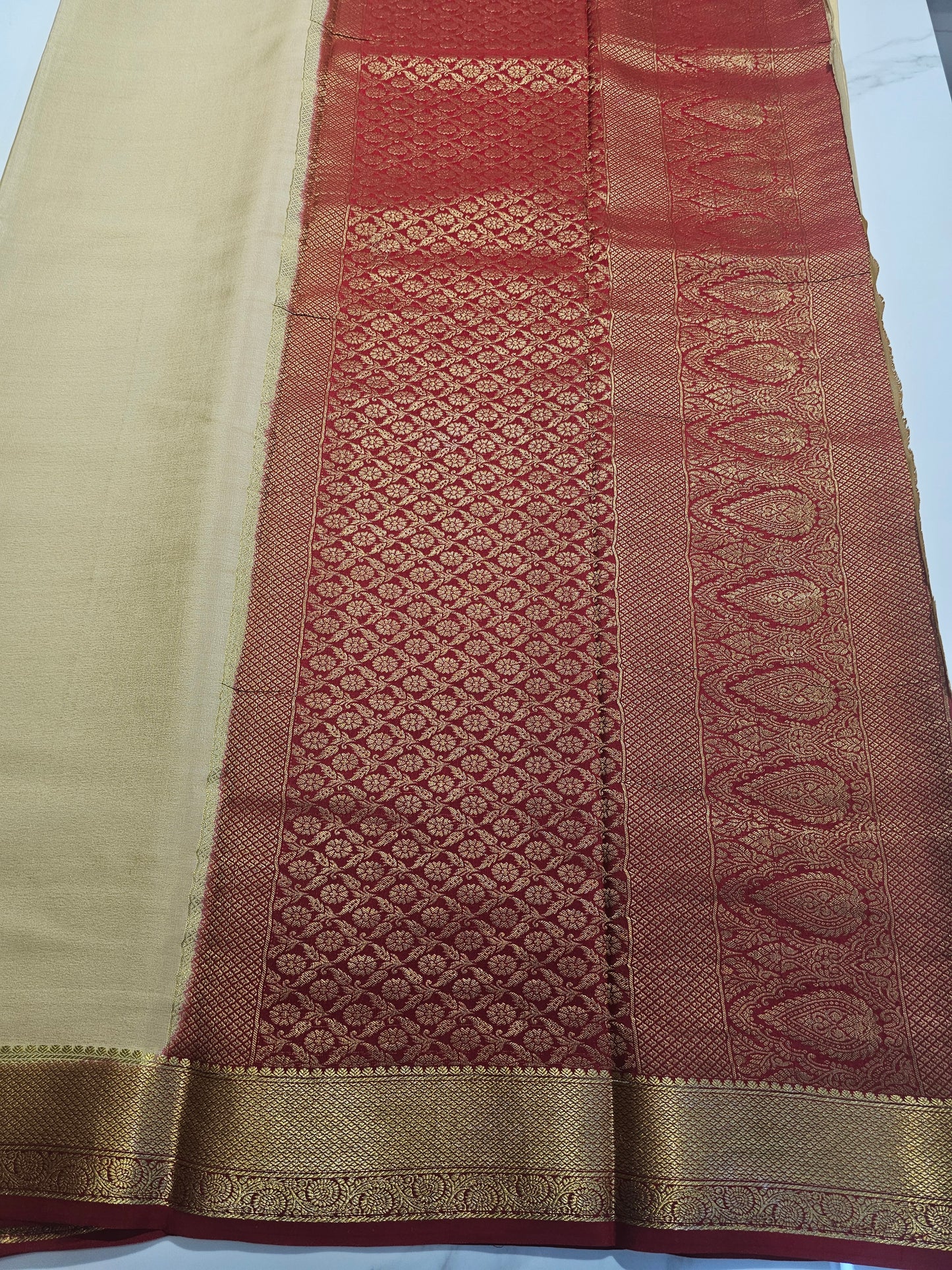 LIGHT GOLDEN WITH CHERRY RED - PURE MYSORE CREPE SILK