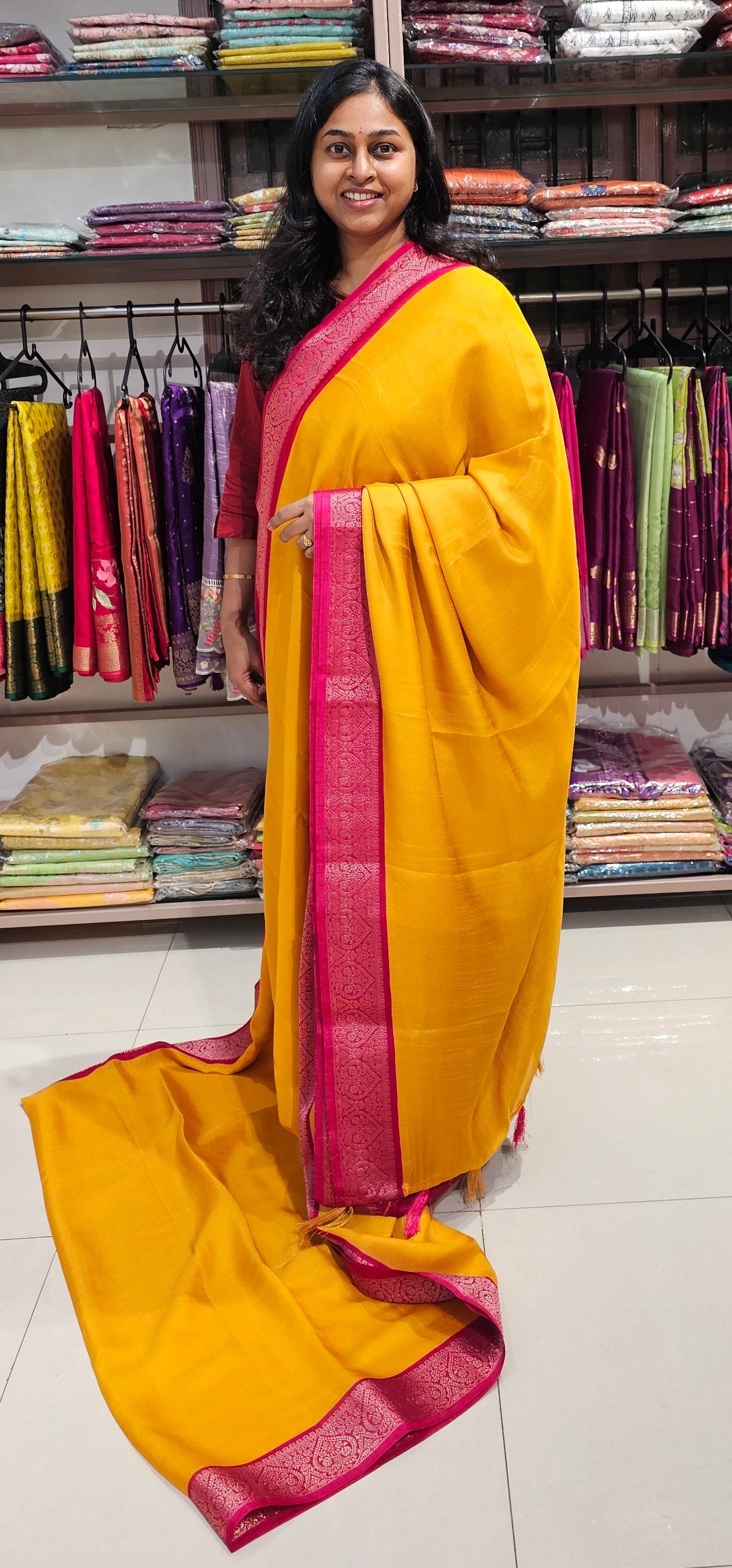 YELLOW WITH PINK - SEMI GEORGETTE SAREE