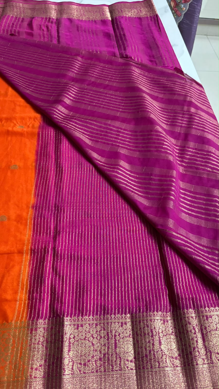 ORANGE WITH PINK SEMI MYSORE CREPE SILK