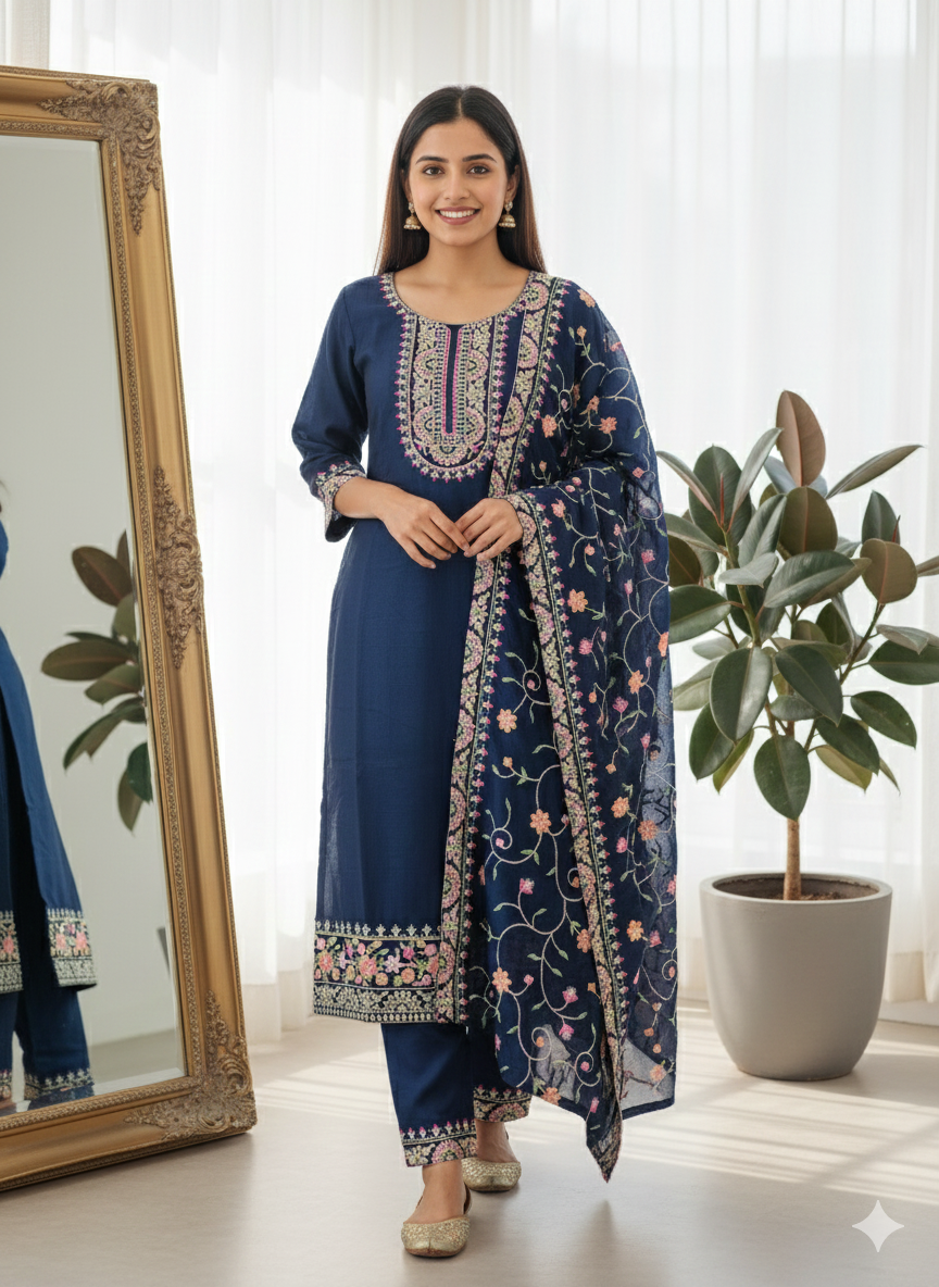 Blue Fancy Festive Suit With Embroidery