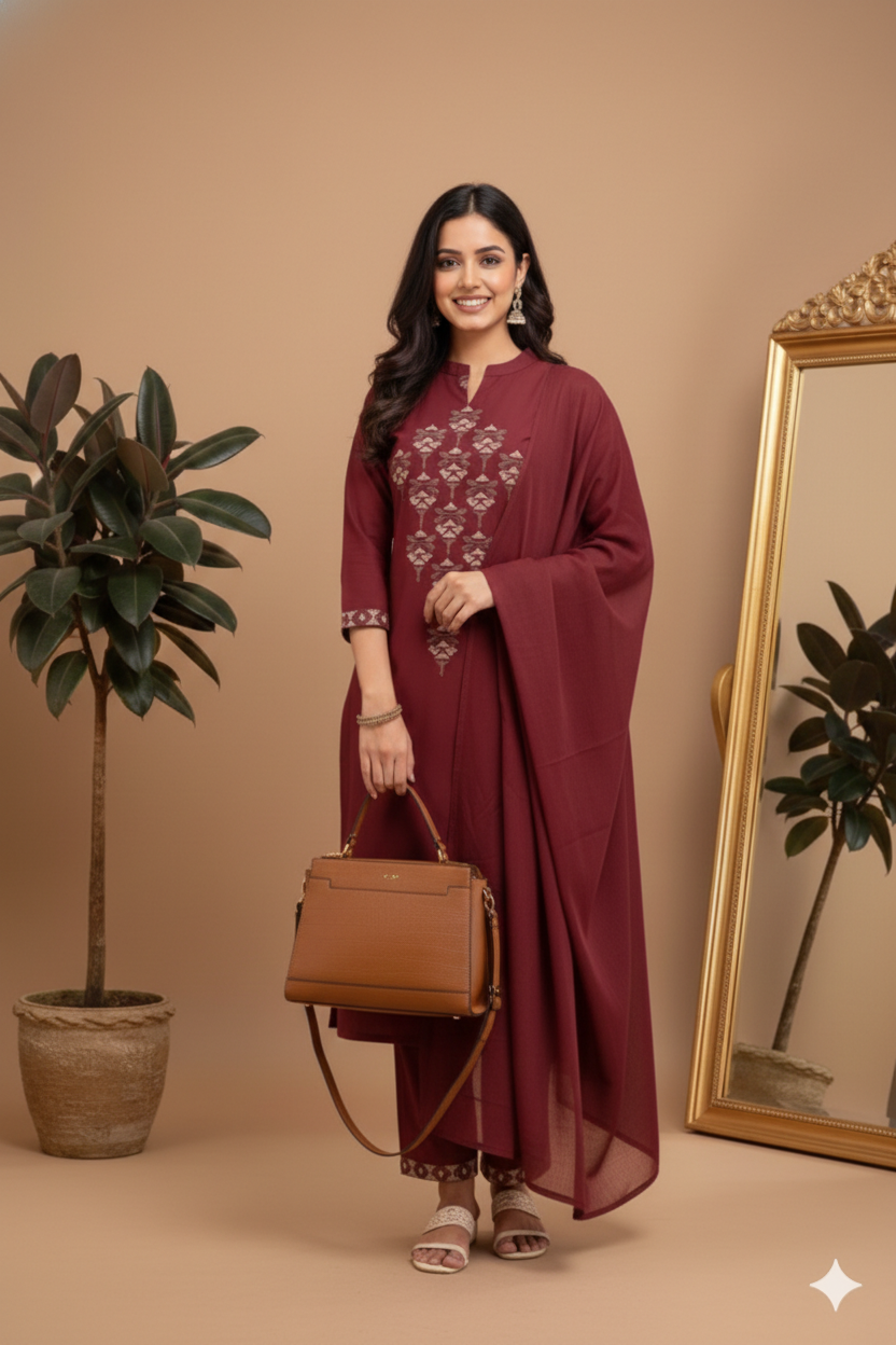 MAROON- PRINTED PURE COTTON KURTA SET