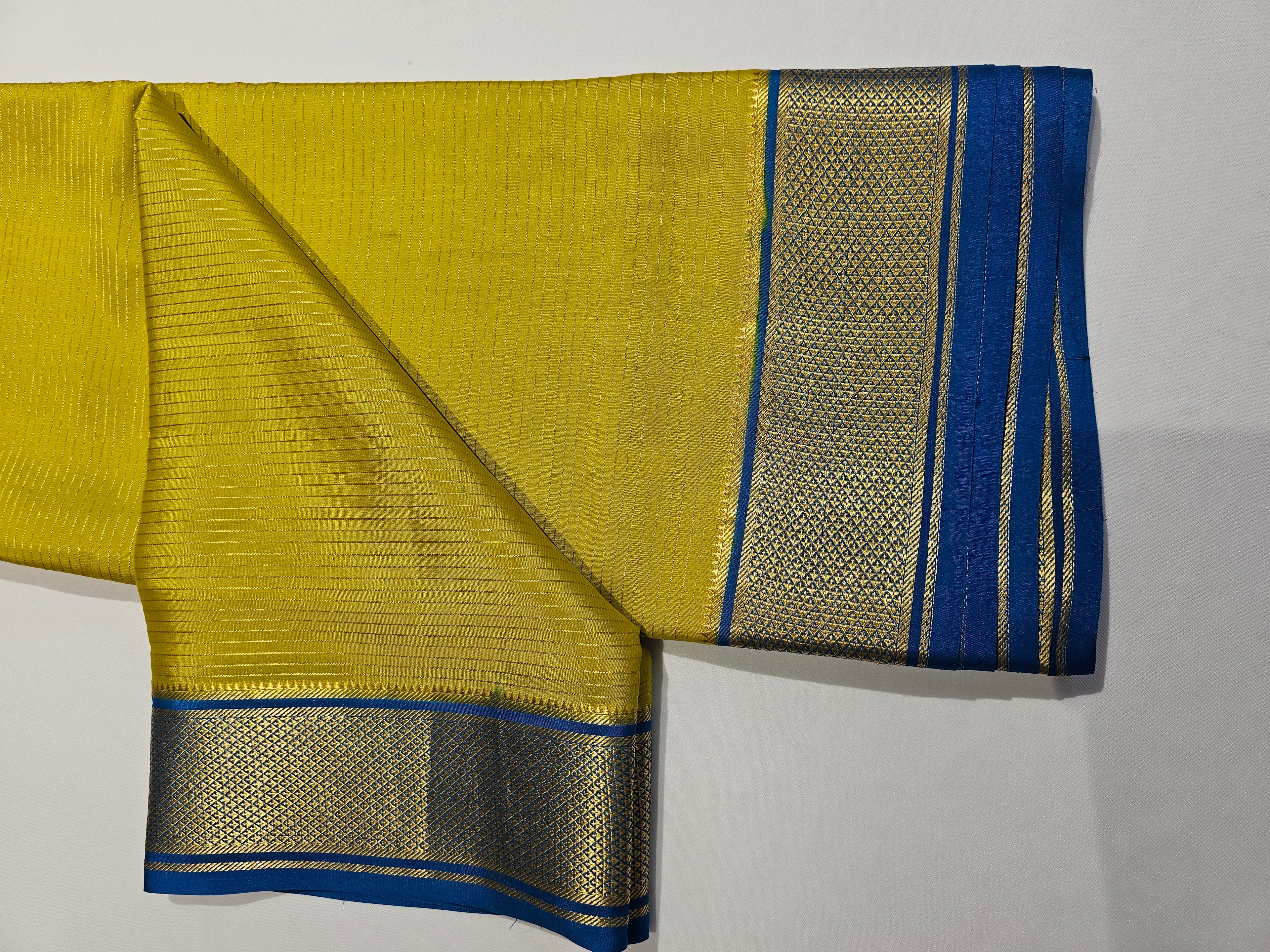 GREENISH YELLOW WITH BLUE  - PURE MYSORE CREPE SILK