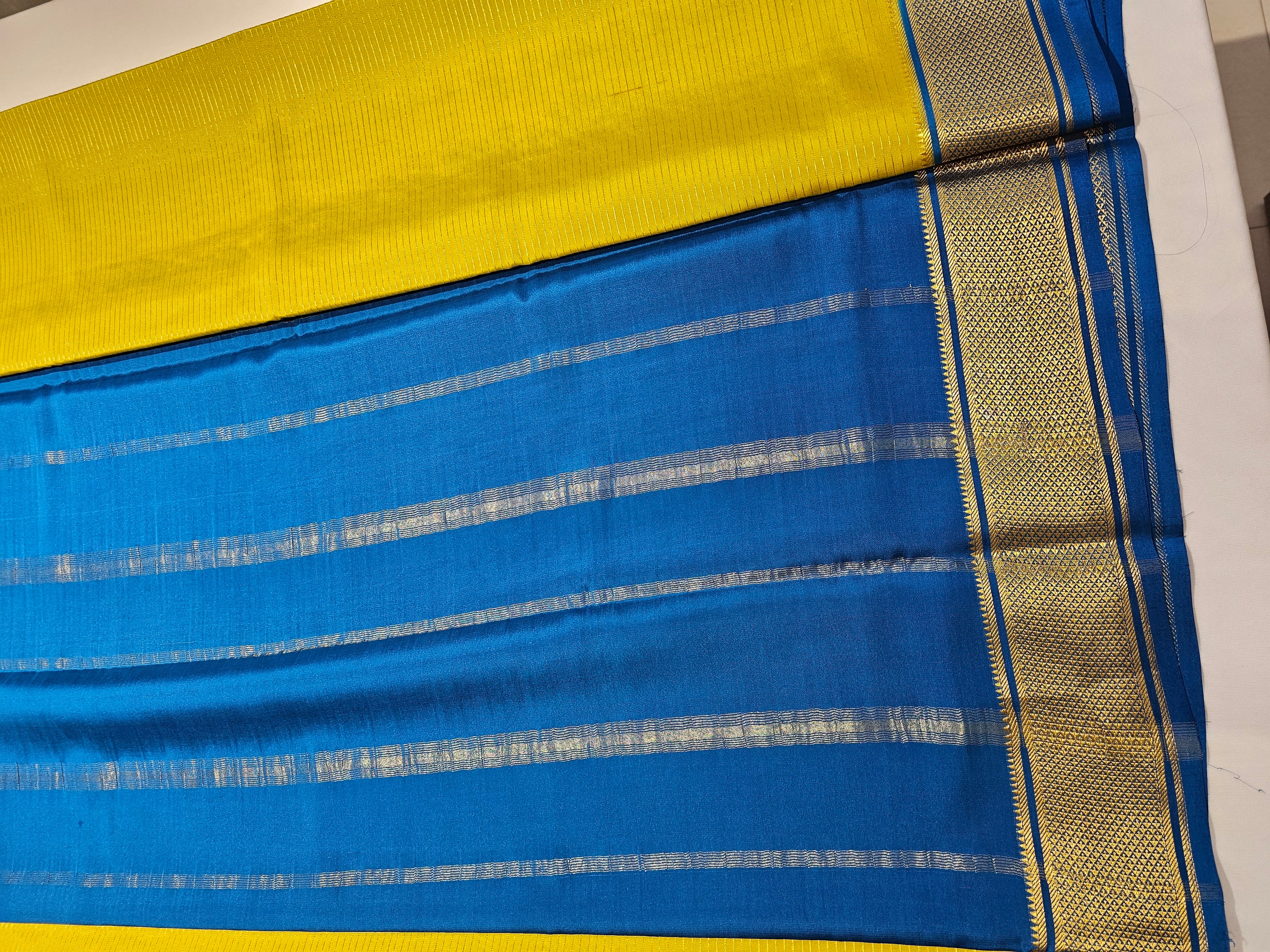 GREENISH YELLOW WITH BLUE  - PURE MYSORE CREPE SILK