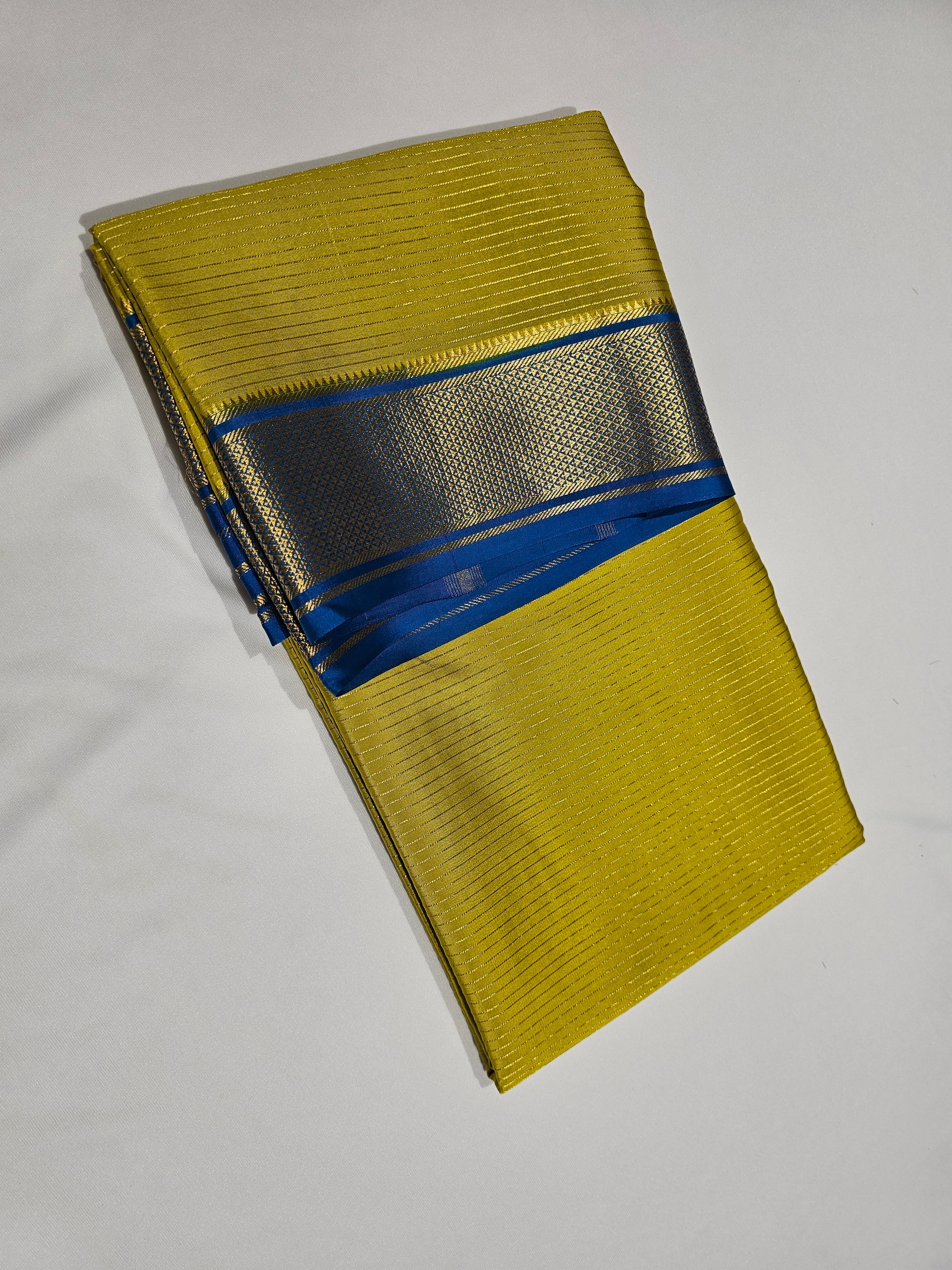 GREENISH YELLOW WITH BLUE  - PURE MYSORE CREPE SILK