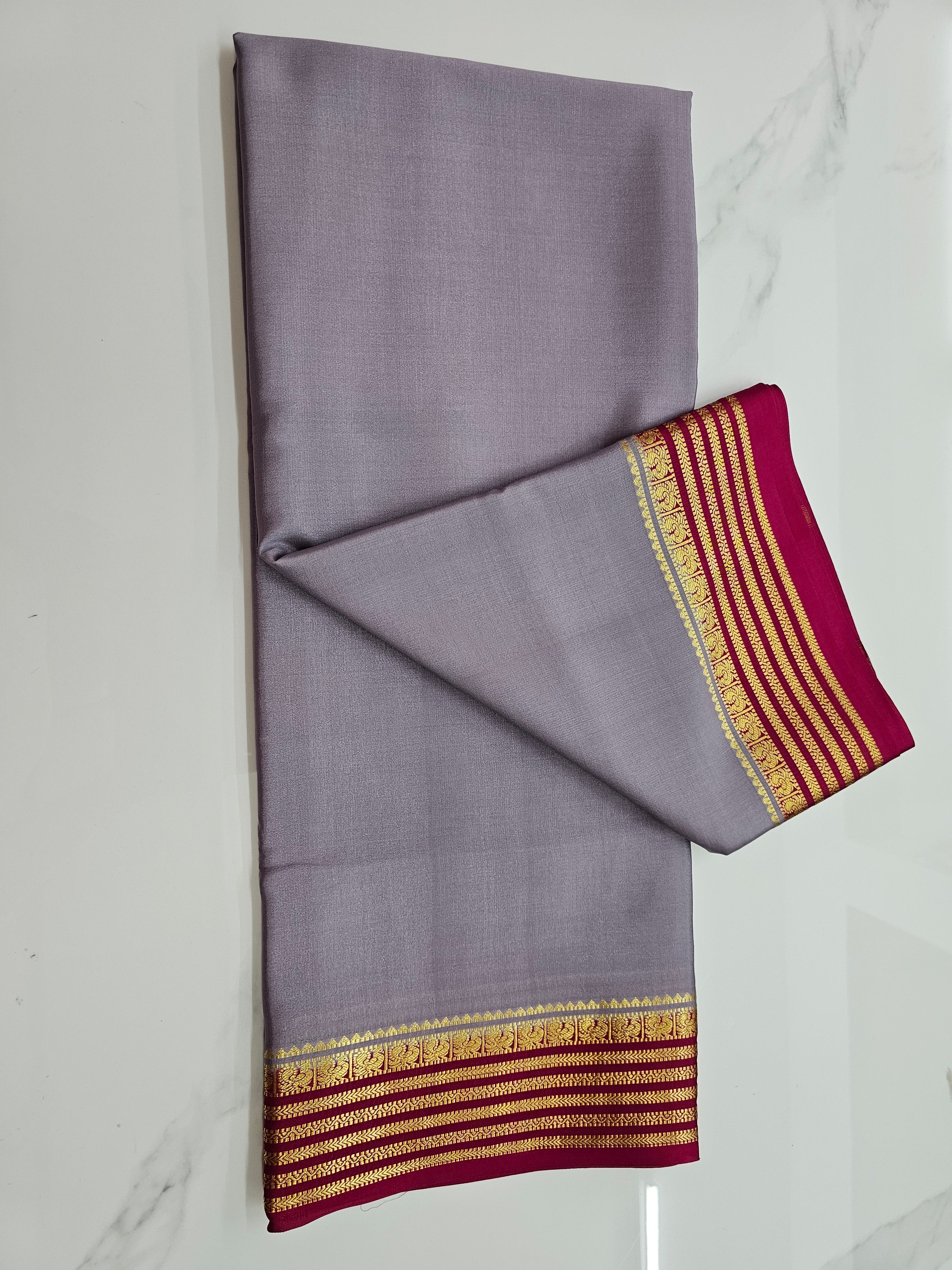 GREY WITH PINK - PURE MYSORE CREPE SILK