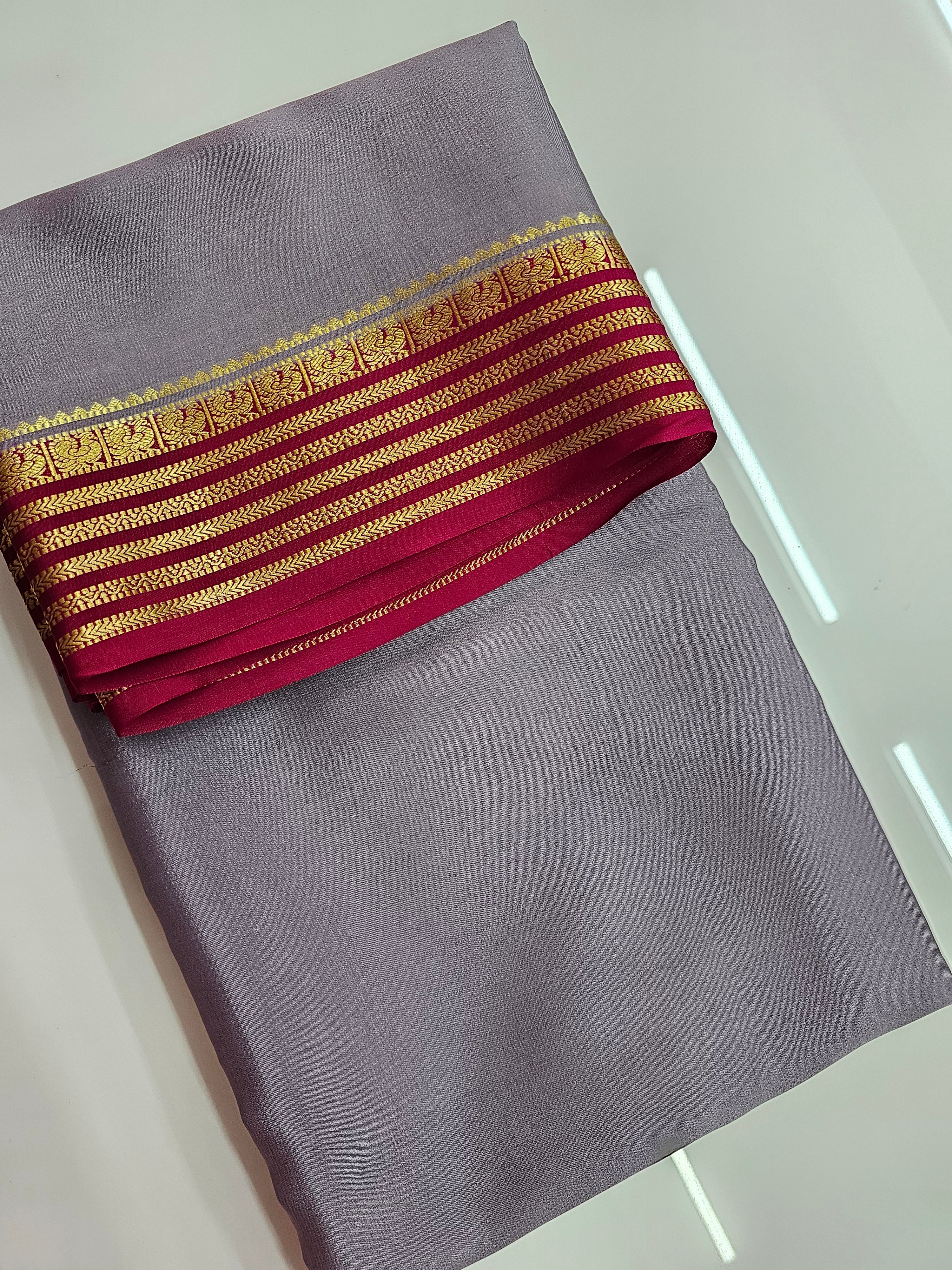 GREY WITH PINK - PURE MYSORE CREPE SILK