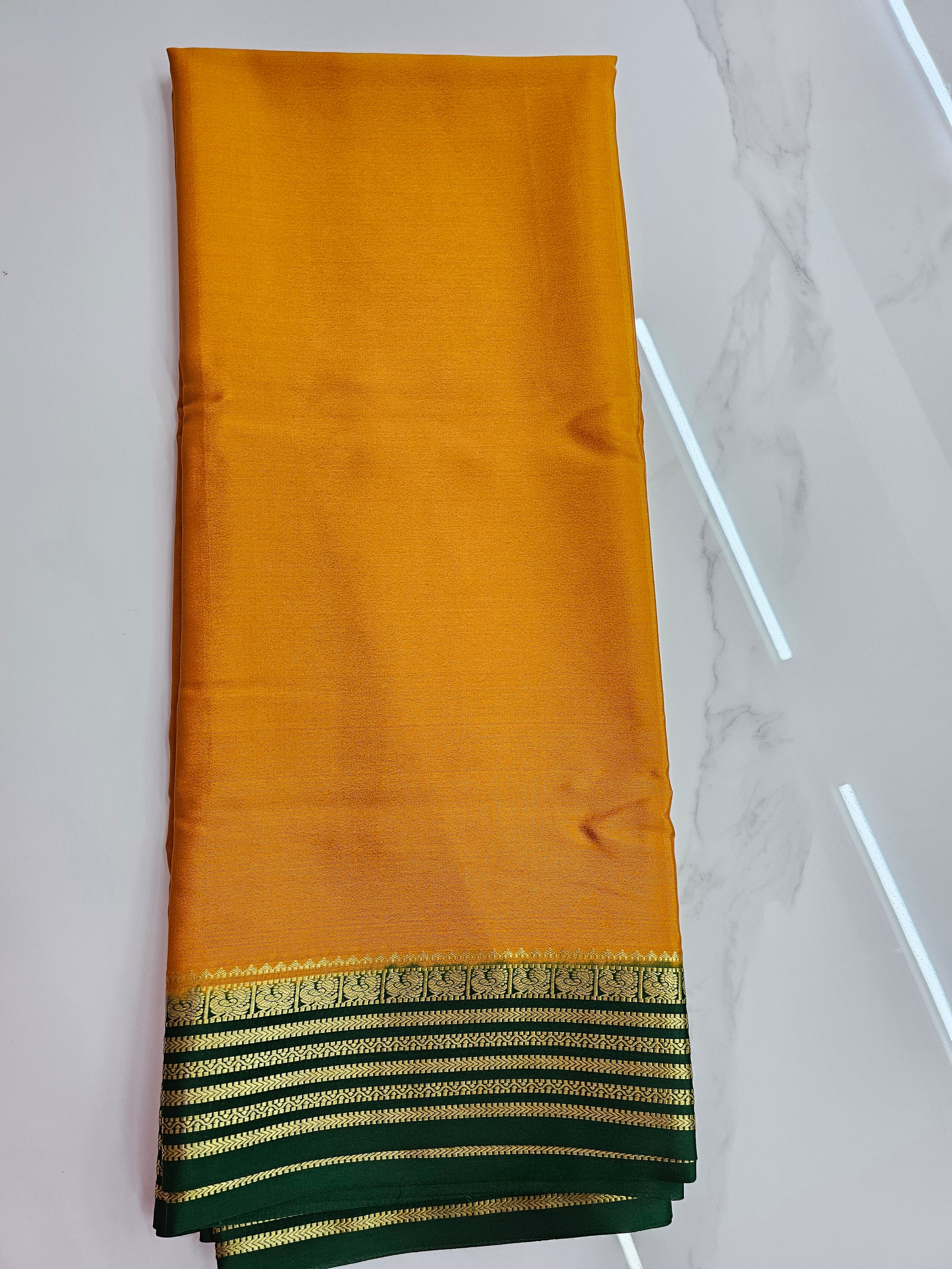 YELLOW WITH GREEN  - PURE MYSORE CREPE SILK