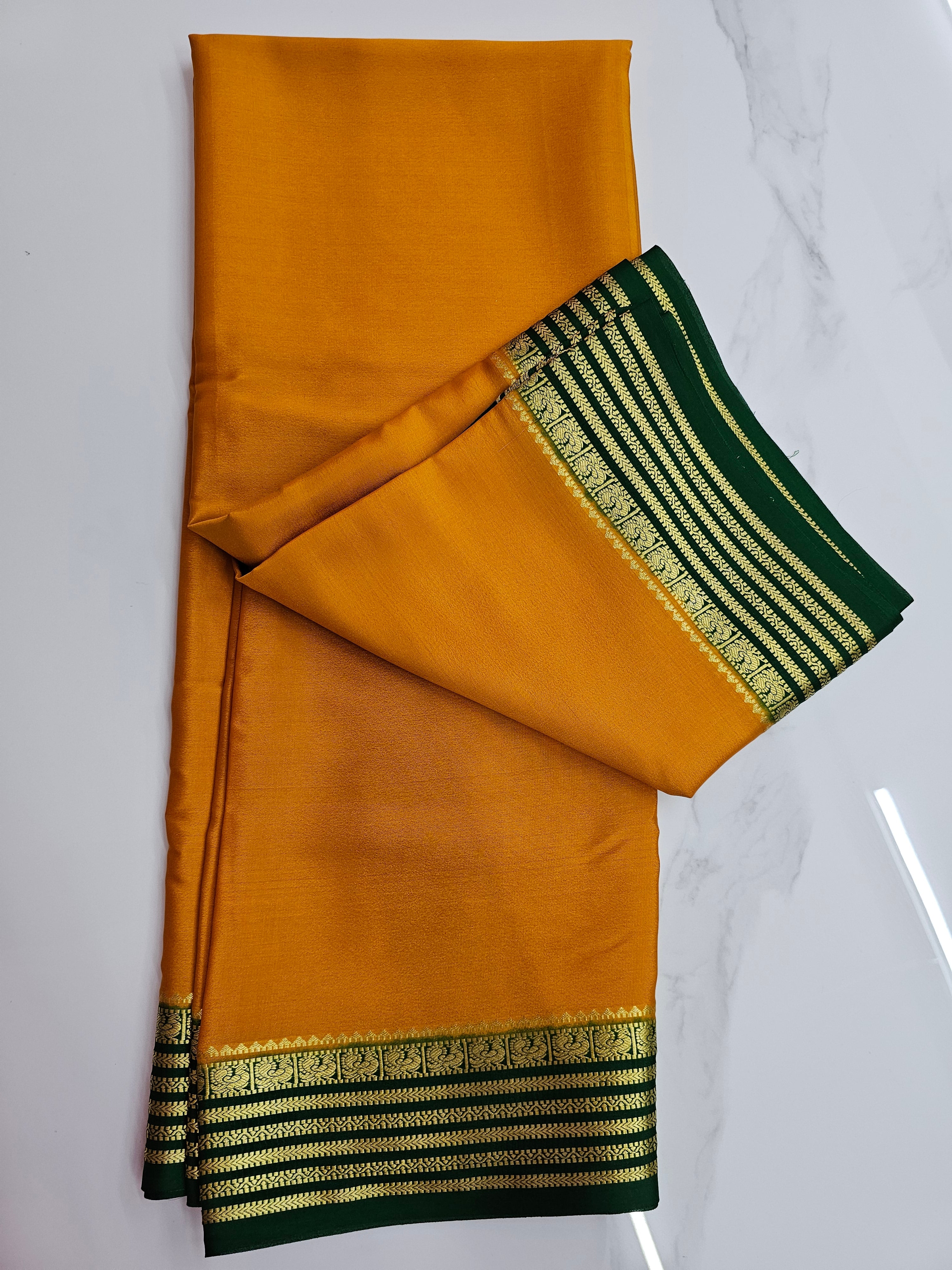 YELLOW WITH GREEN  - PURE MYSORE CREPE SILK