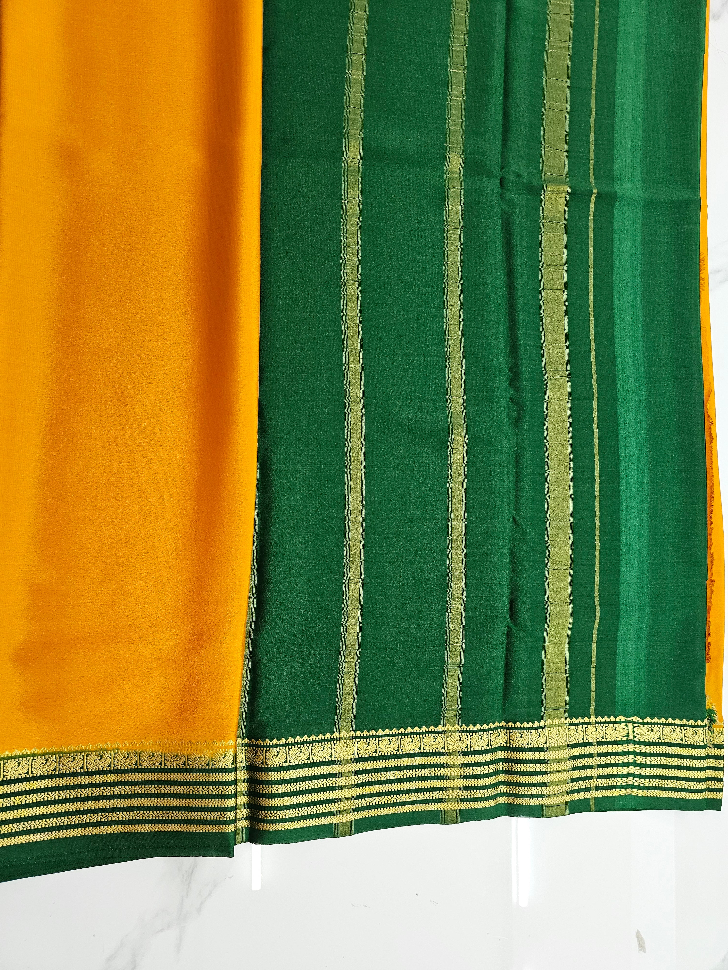 YELLOW WITH GREEN  - PURE MYSORE CREPE SILK