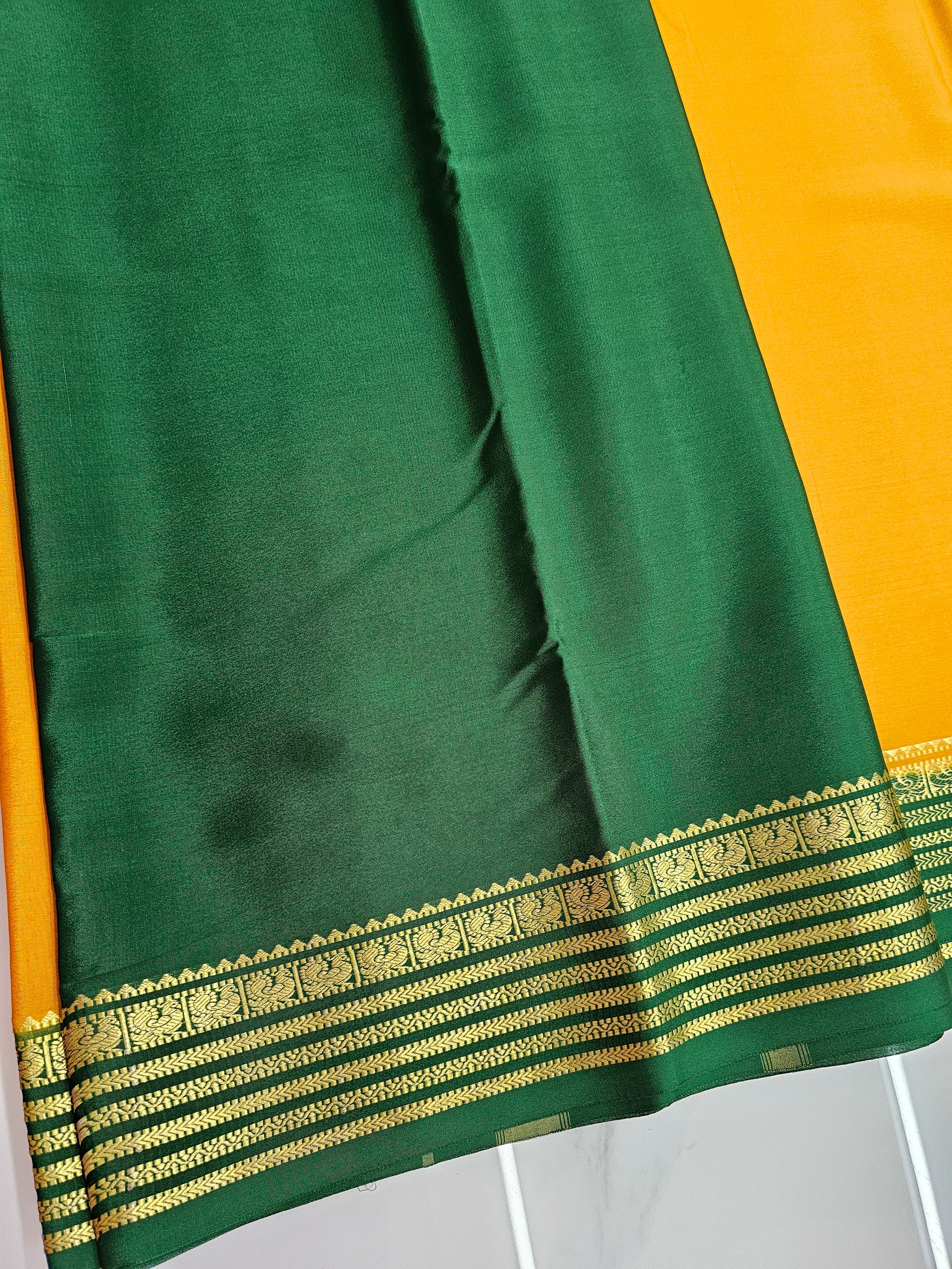 YELLOW WITH GREEN  - PURE MYSORE CREPE SILK