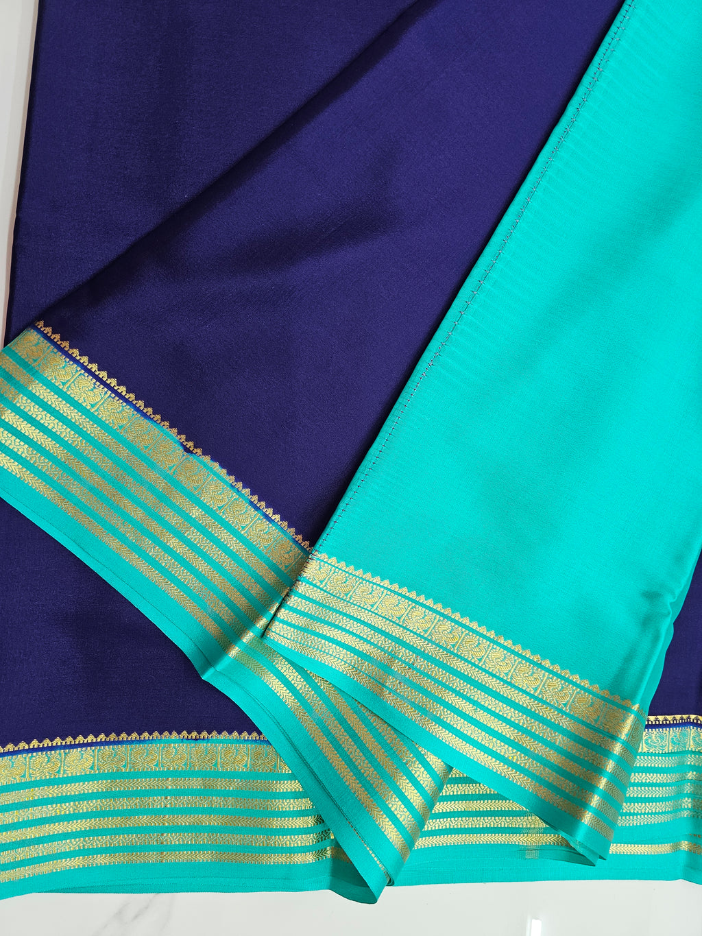 BLUE WITH AQUA BLUE  - PURE MYSORE CREPE SILK