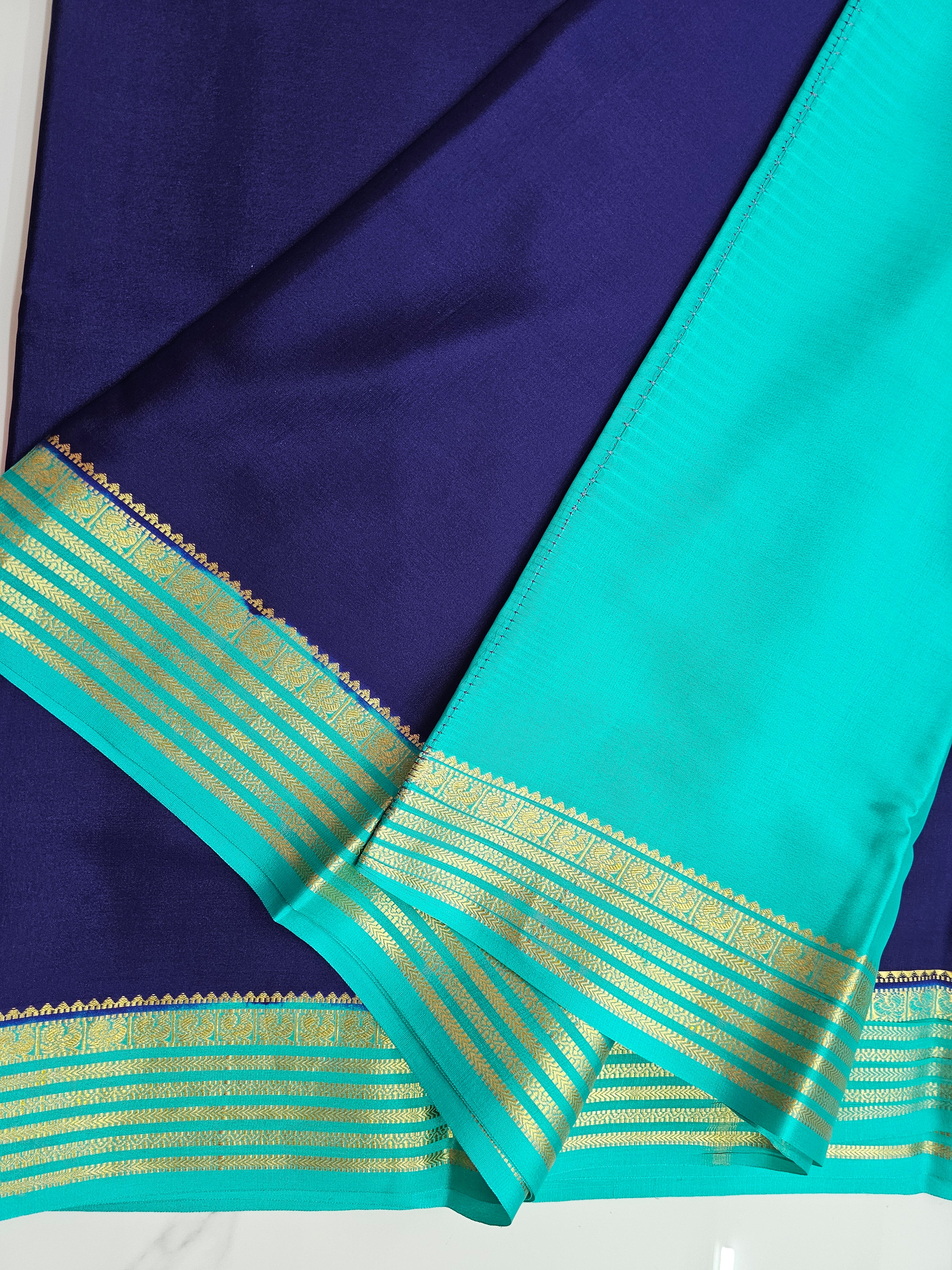 BLUE WITH AQUA BLUE  - PURE MYSORE CREPE SILK