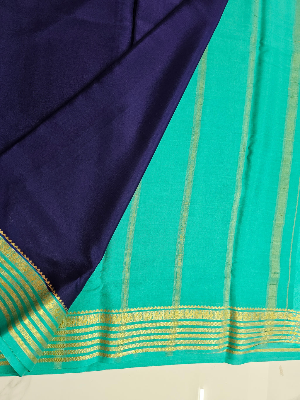 BLUE WITH AQUA BLUE  - PURE MYSORE CREPE SILK