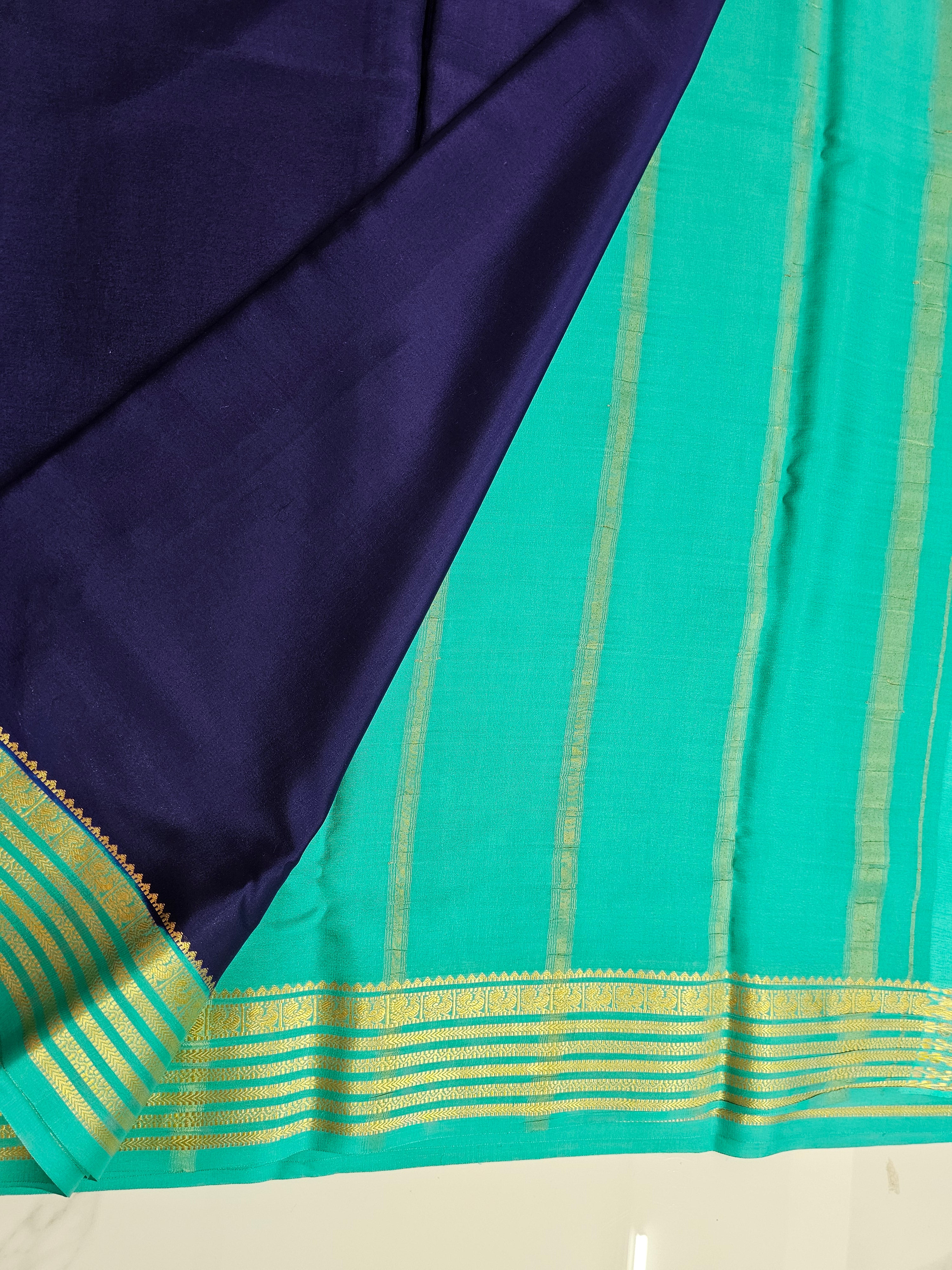 BLUE WITH AQUA BLUE  - PURE MYSORE CREPE SILK