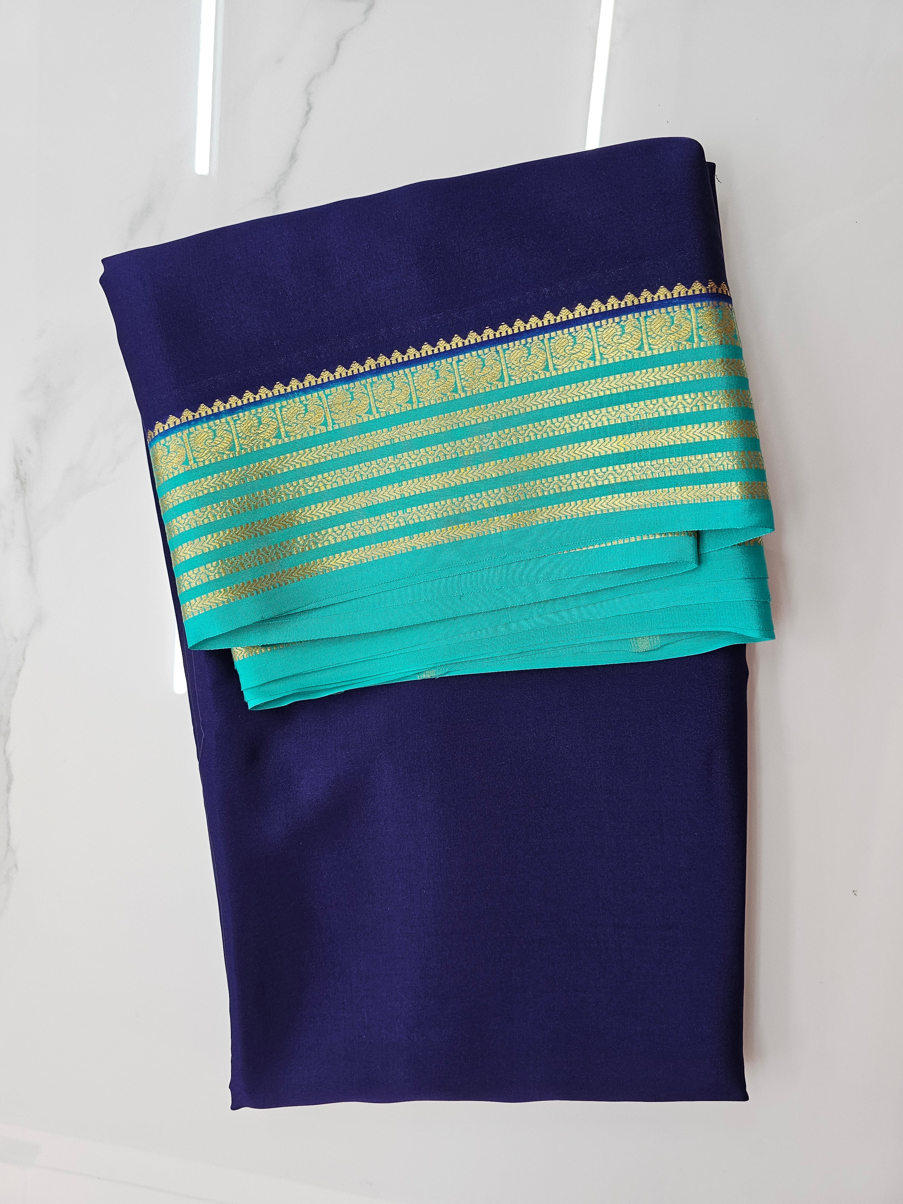 BLUE WITH AQUA BLUE  - PURE MYSORE CREPE SILK