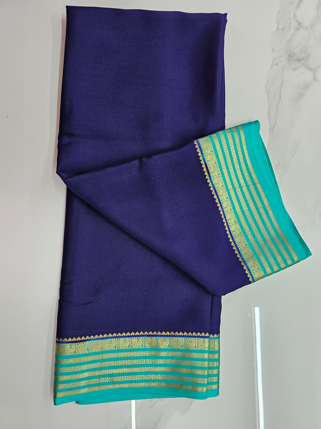 BLUE WITH AQUA BLUE  - PURE MYSORE CREPE SILK