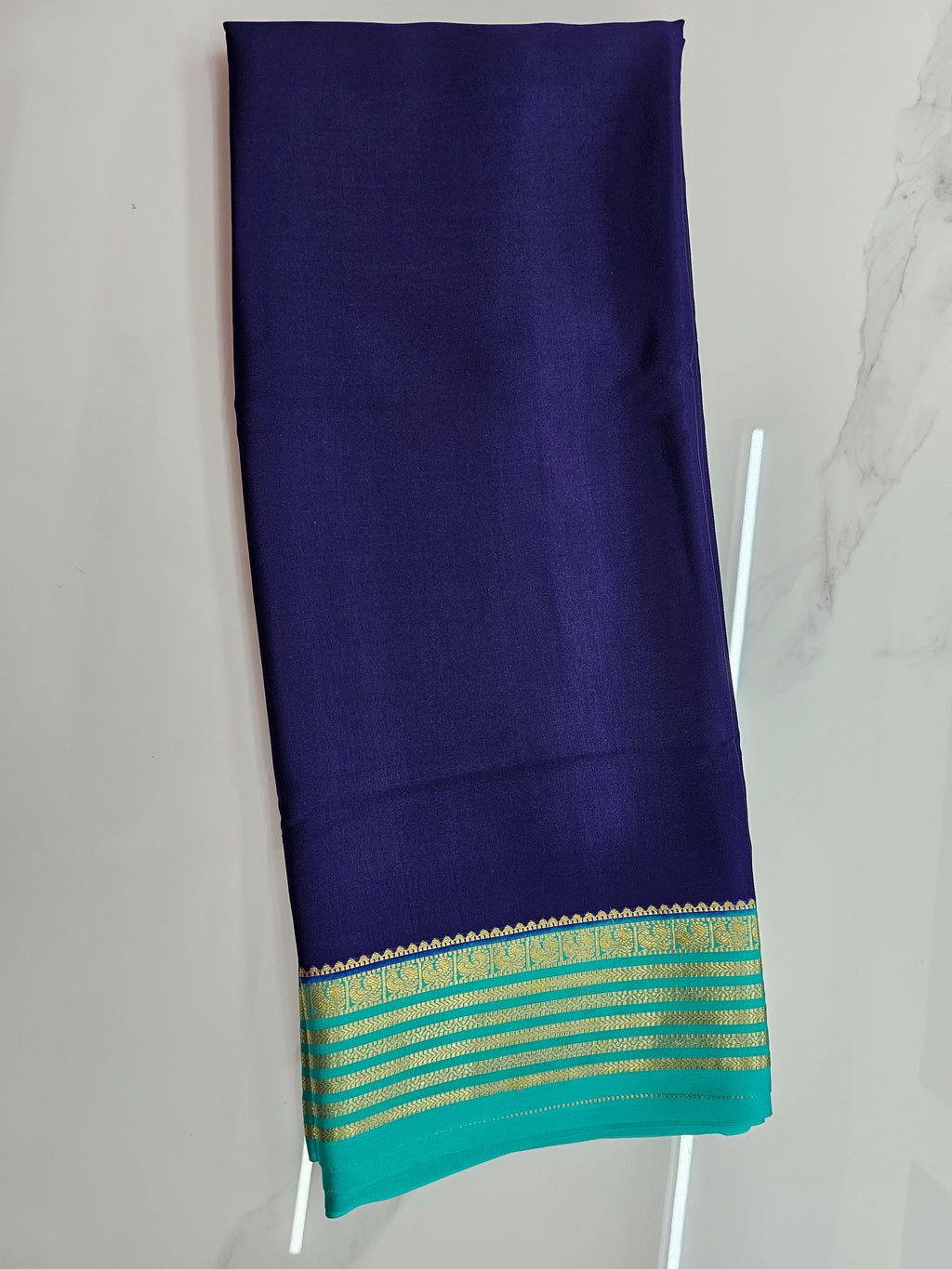 BLUE WITH AQUA BLUE  - PURE MYSORE CREPE SILK