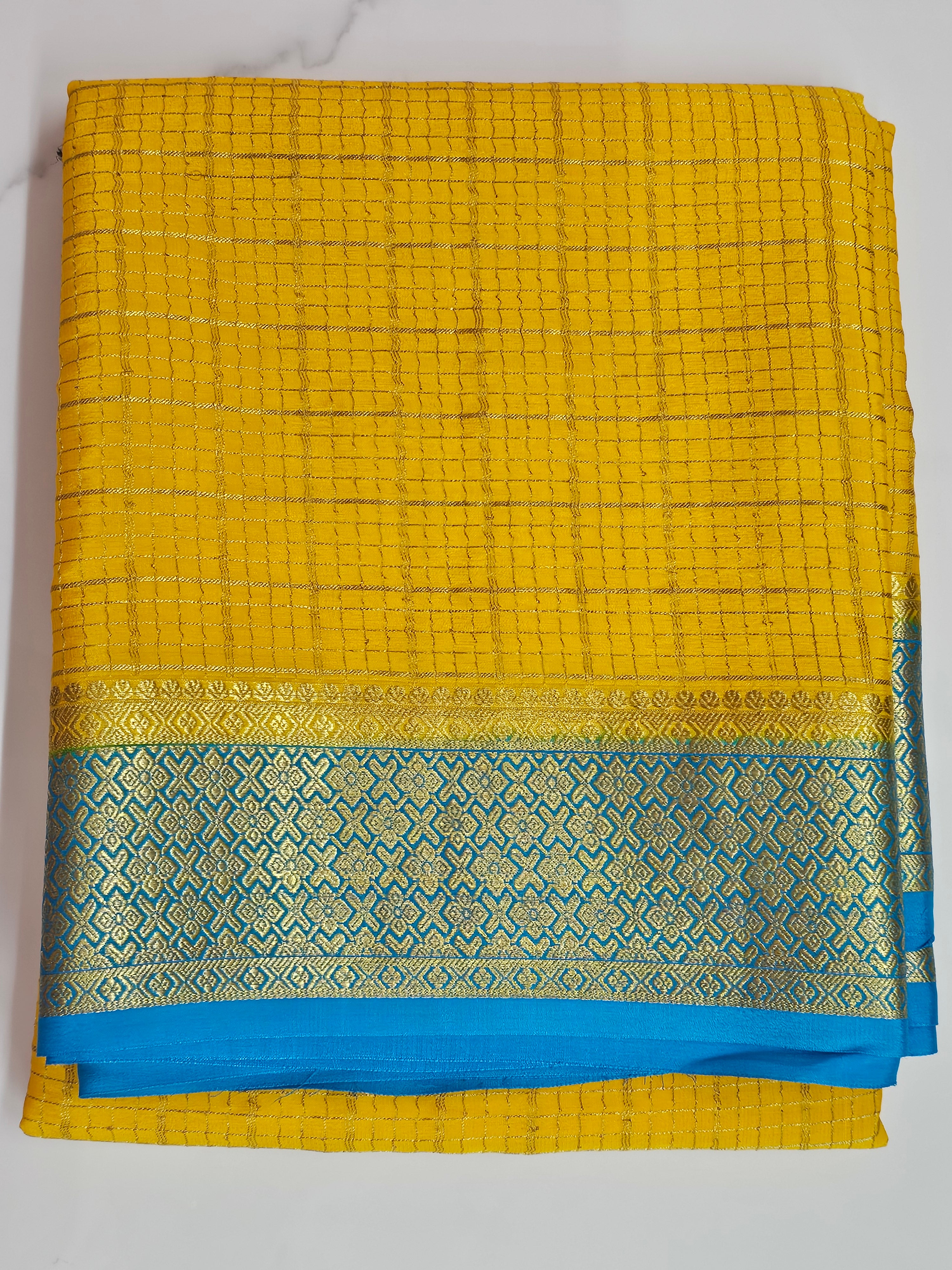 YELLOW WITH ANANDA BLUE - PURE MYSORE CREPE SILK