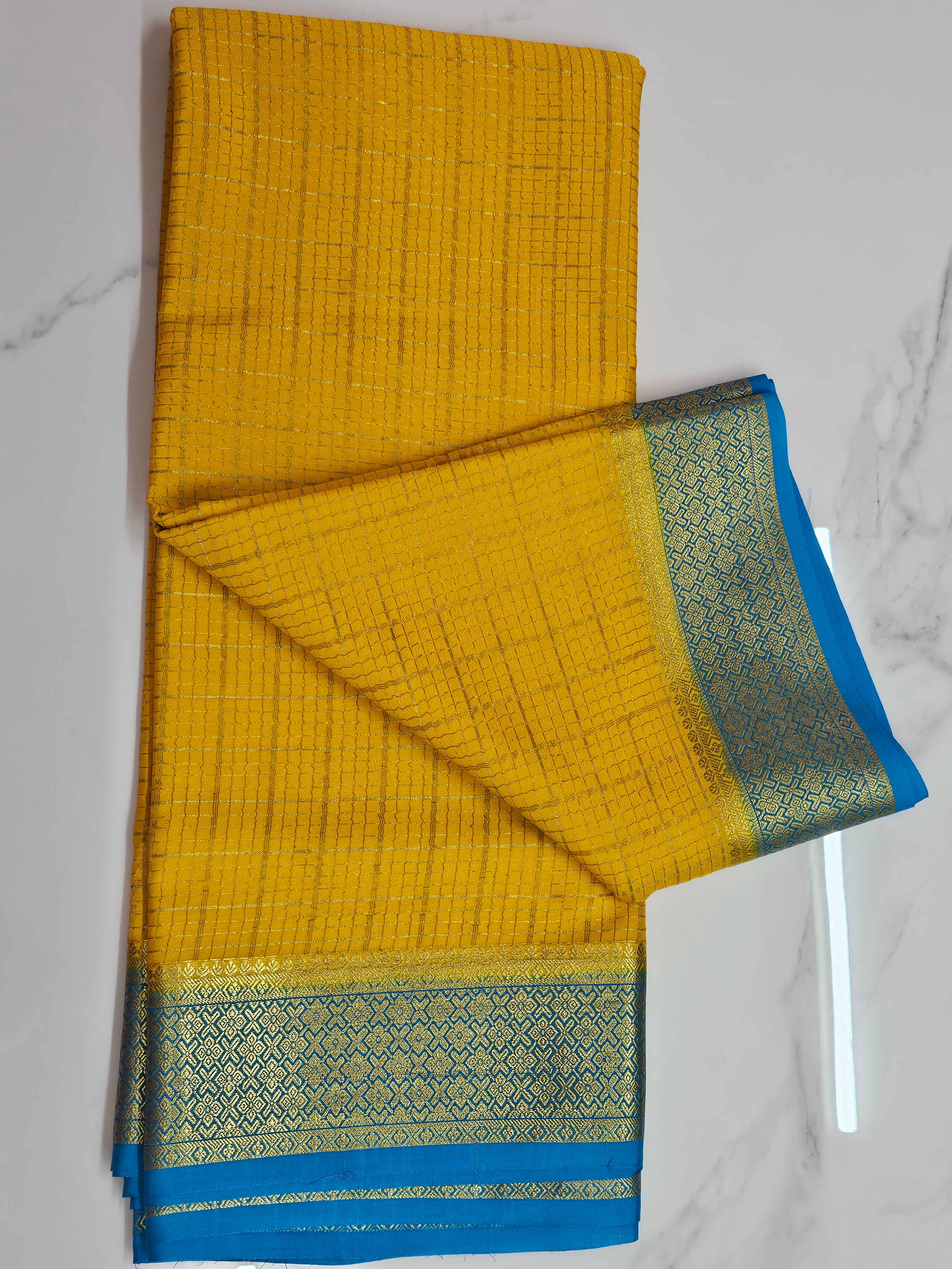 YELLOW WITH ANANDA BLUE - PURE MYSORE CREPE SILK