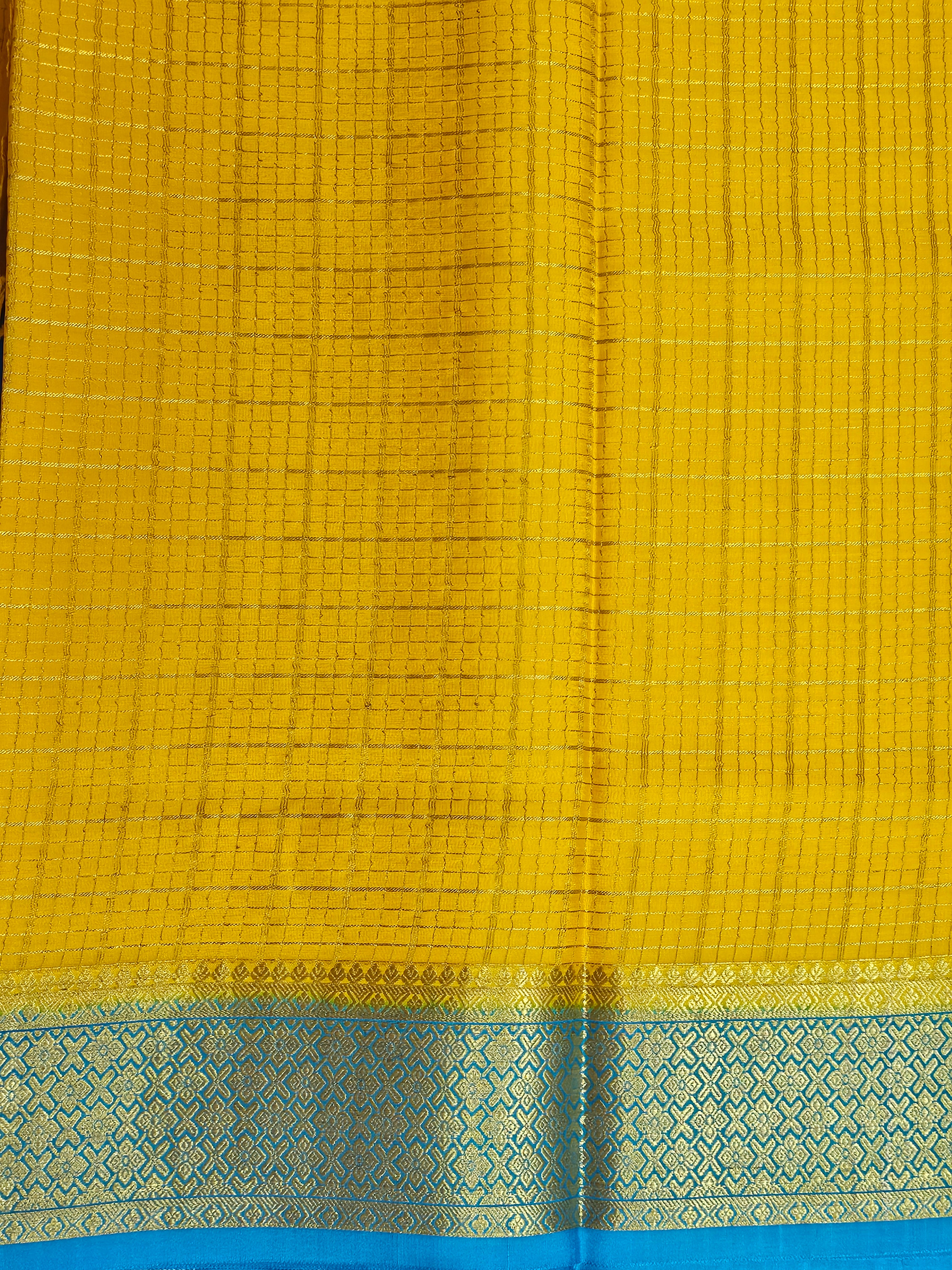 YELLOW WITH ANANDA BLUE - PURE MYSORE CREPE SILK