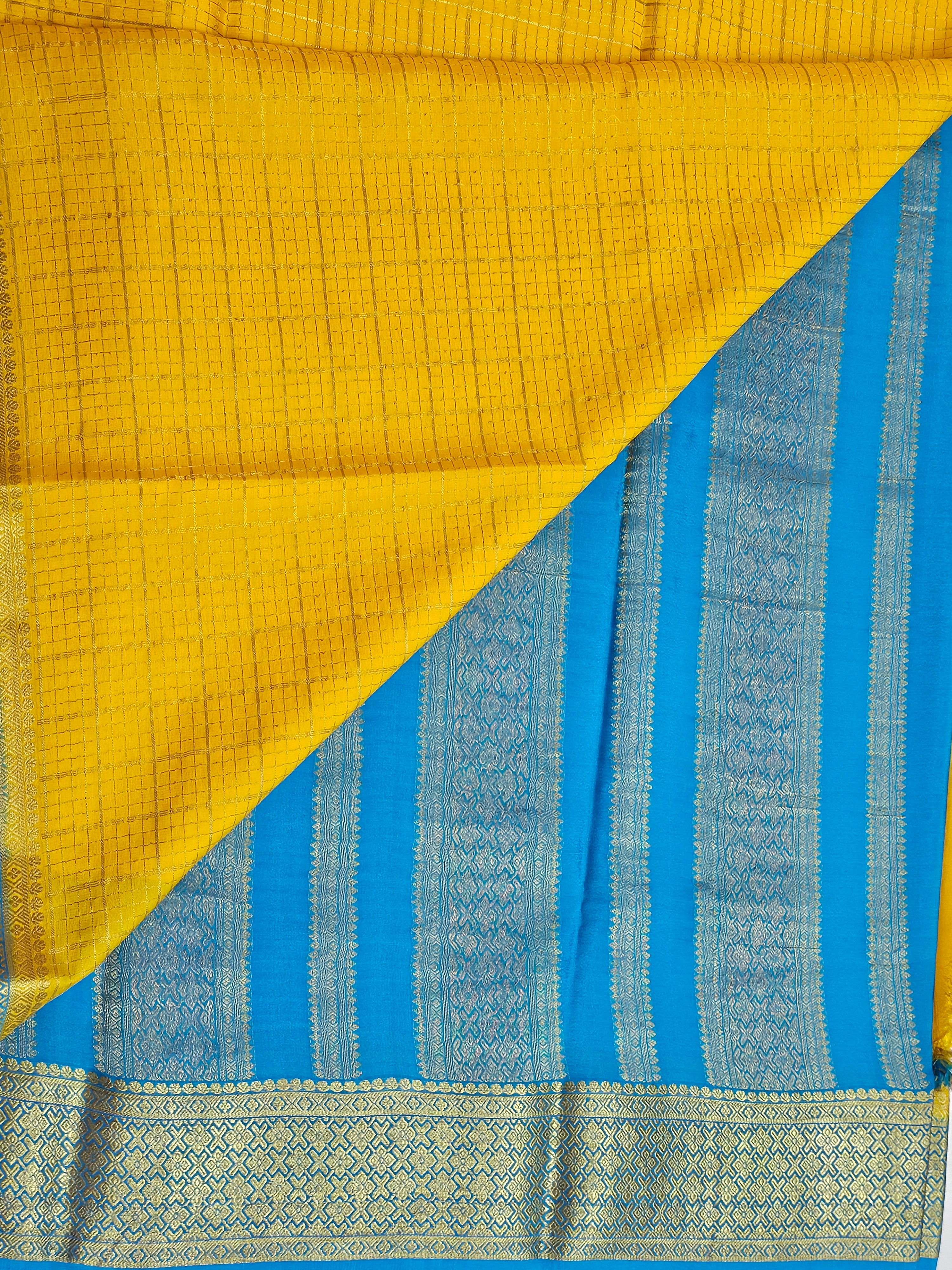 YELLOW WITH ANANDA BLUE - PURE MYSORE CREPE SILK