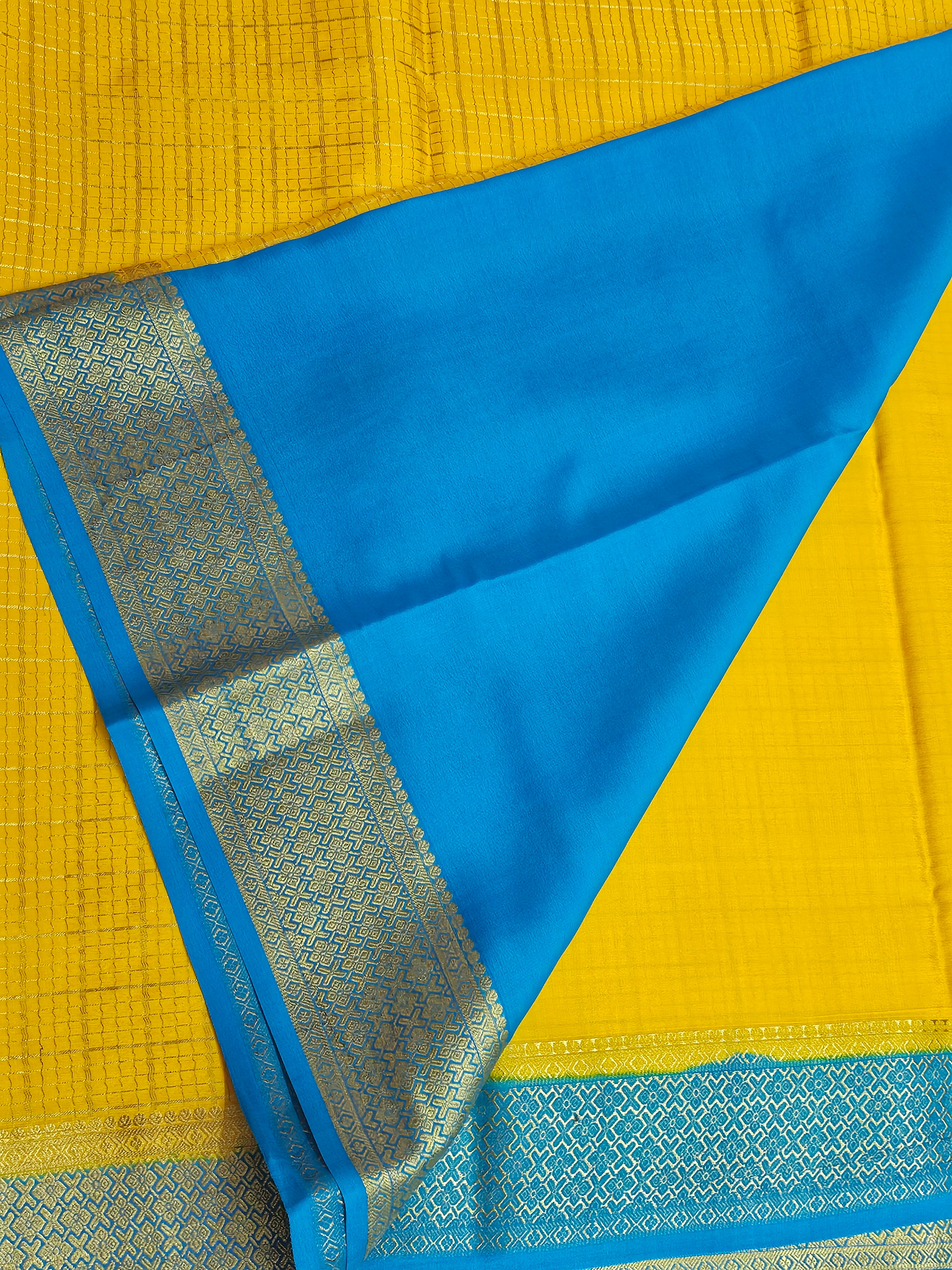 YELLOW WITH ANANDA BLUE - PURE MYSORE CREPE SILK