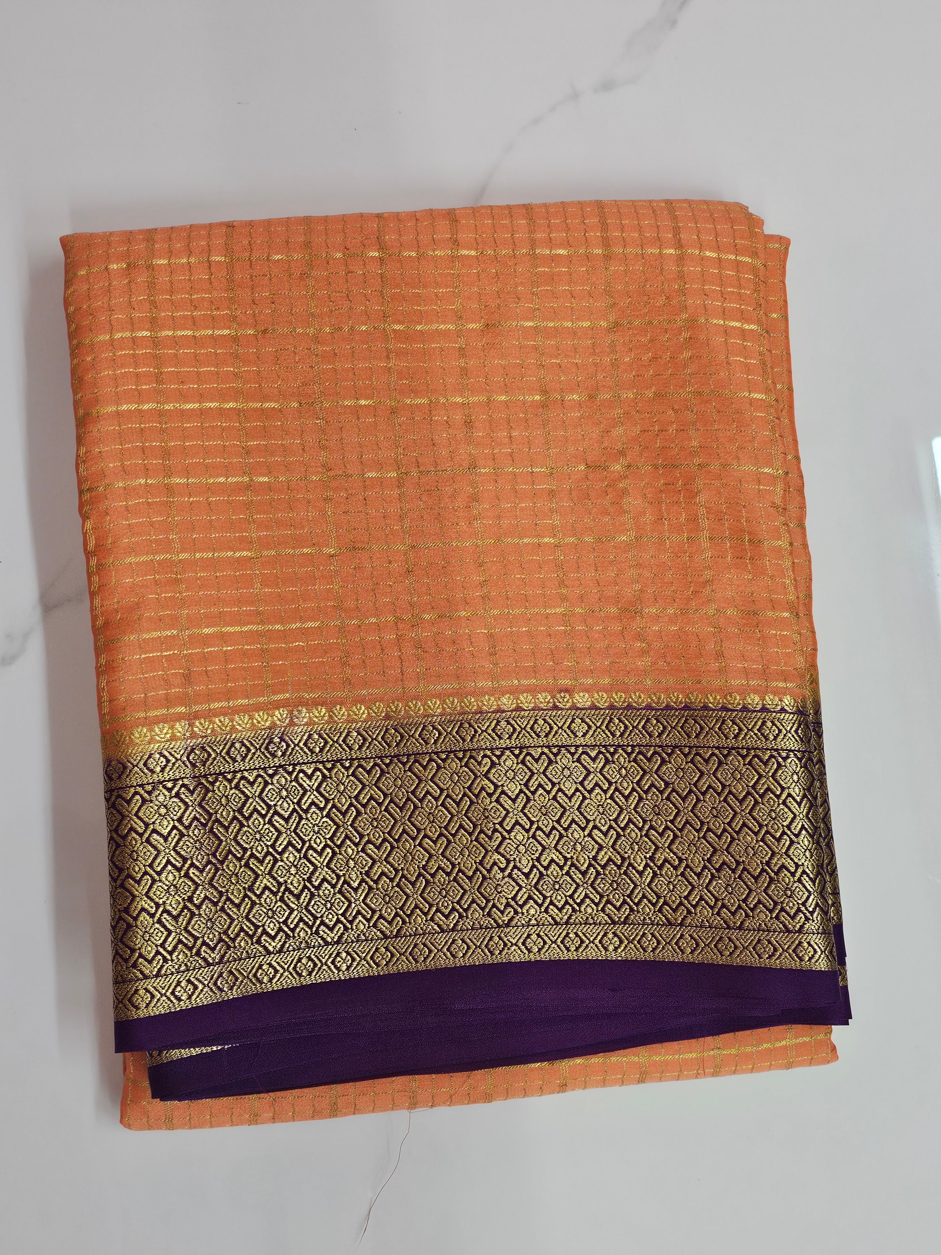 LIGHT ORANGE WITH PURPLE - PURE MYSORE CREPE SILK