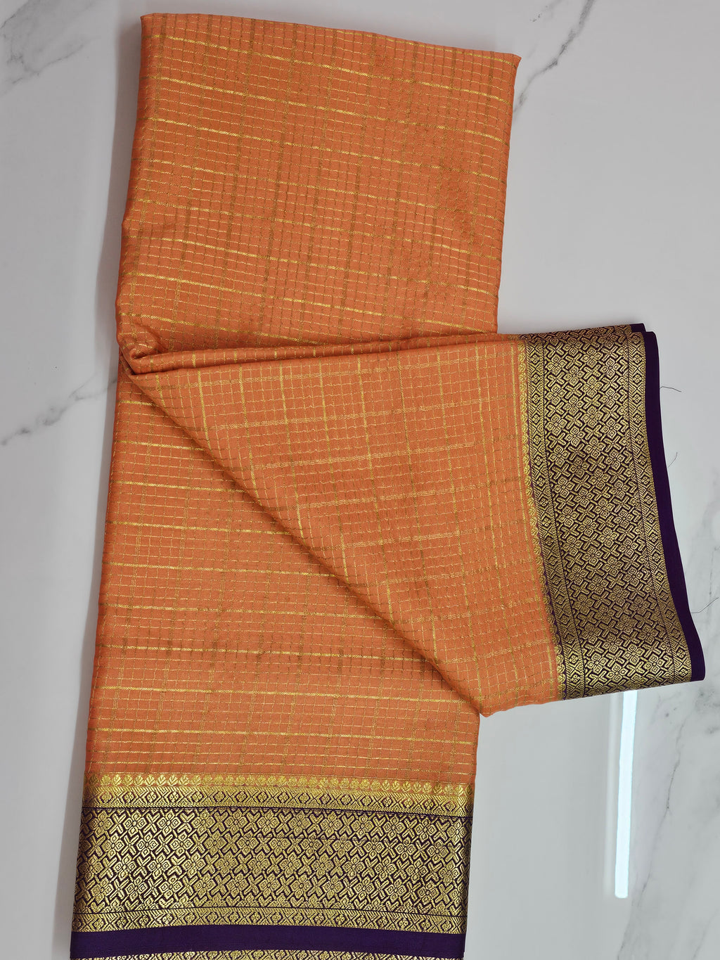 LIGHT ORANGE WITH PURPLE - PURE MYSORE CREPE SILK
