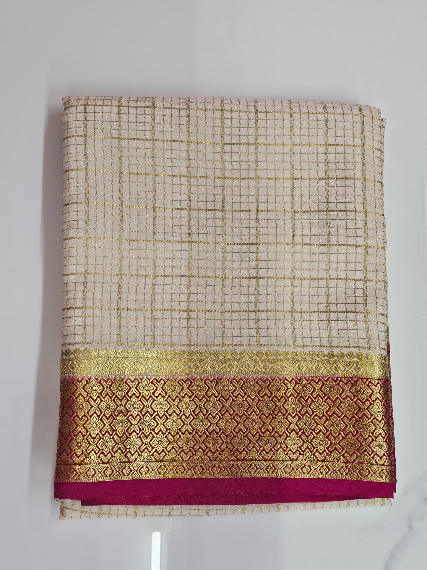 OFF WHITE WITH PINK -PURE MYSORE CREPE SILK